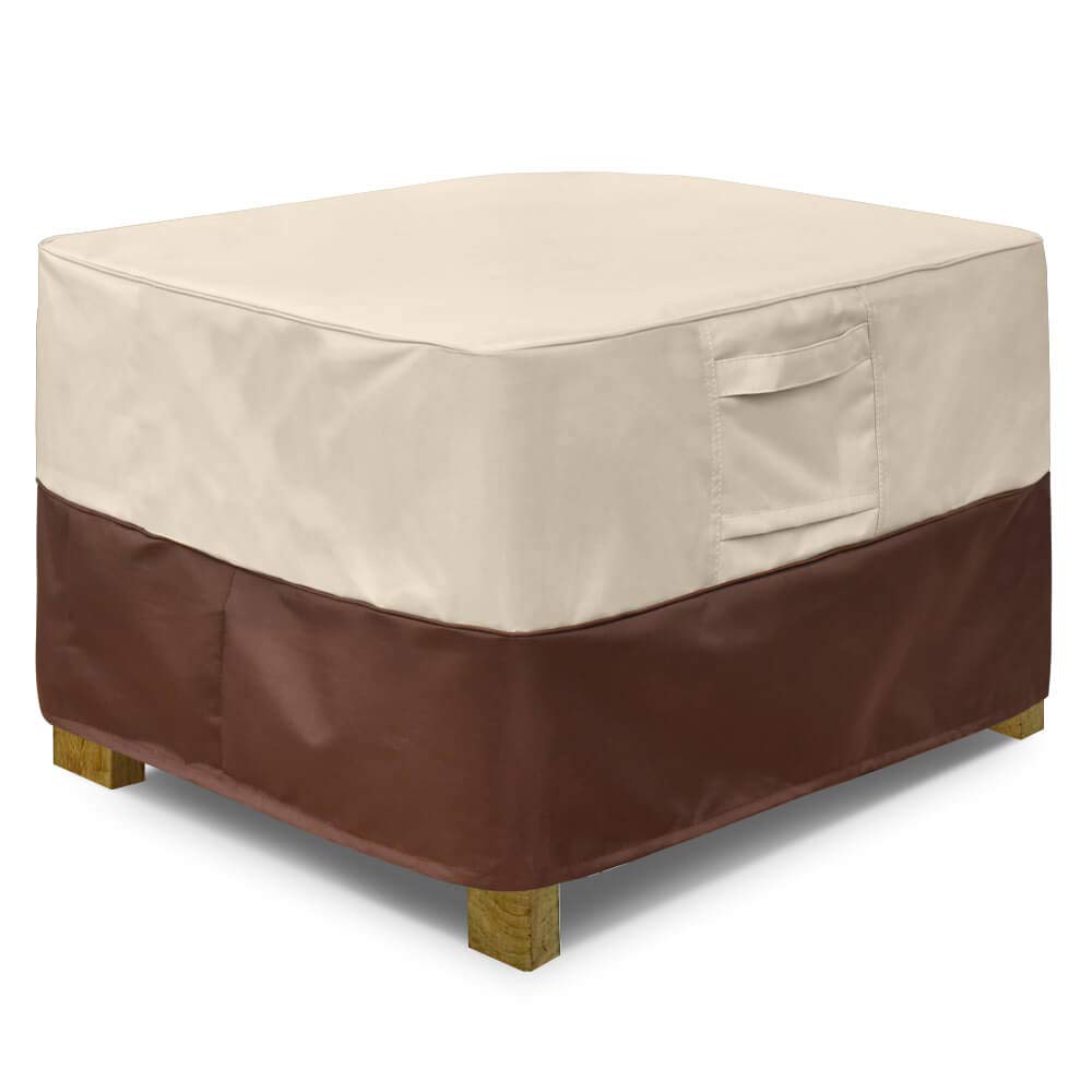 Waterproof Square Patio Ottoman Cover with Padded Handles - Heavy Duty Outdoor Furniture Protector for Side Tables - Large Beige & Brown - Perfect for Deck, Garden & Backyard Use