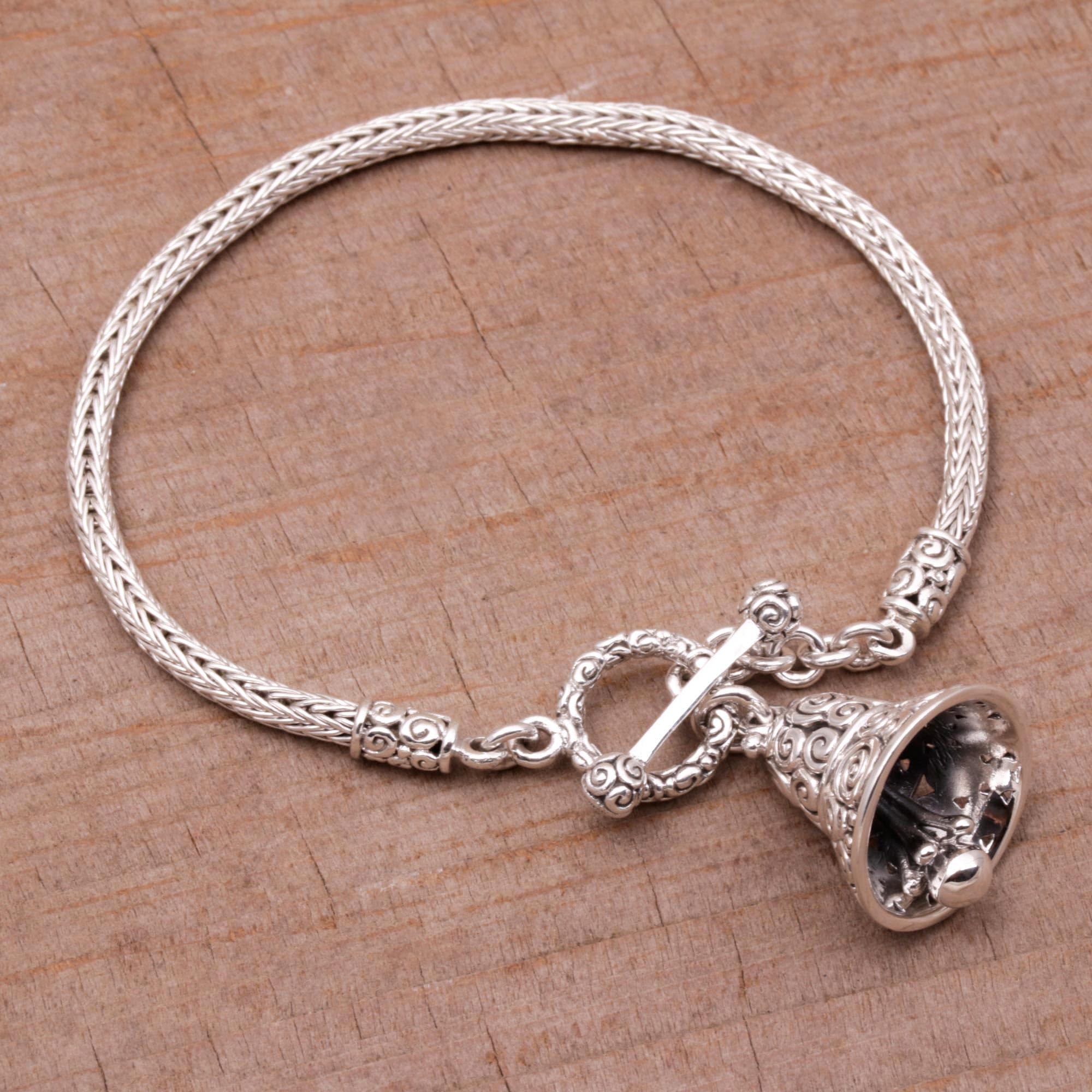 Handmade Sterling Silver Bell Charm Bracelet - Artisan Crafted in Indonesia - Adjustable 7.25