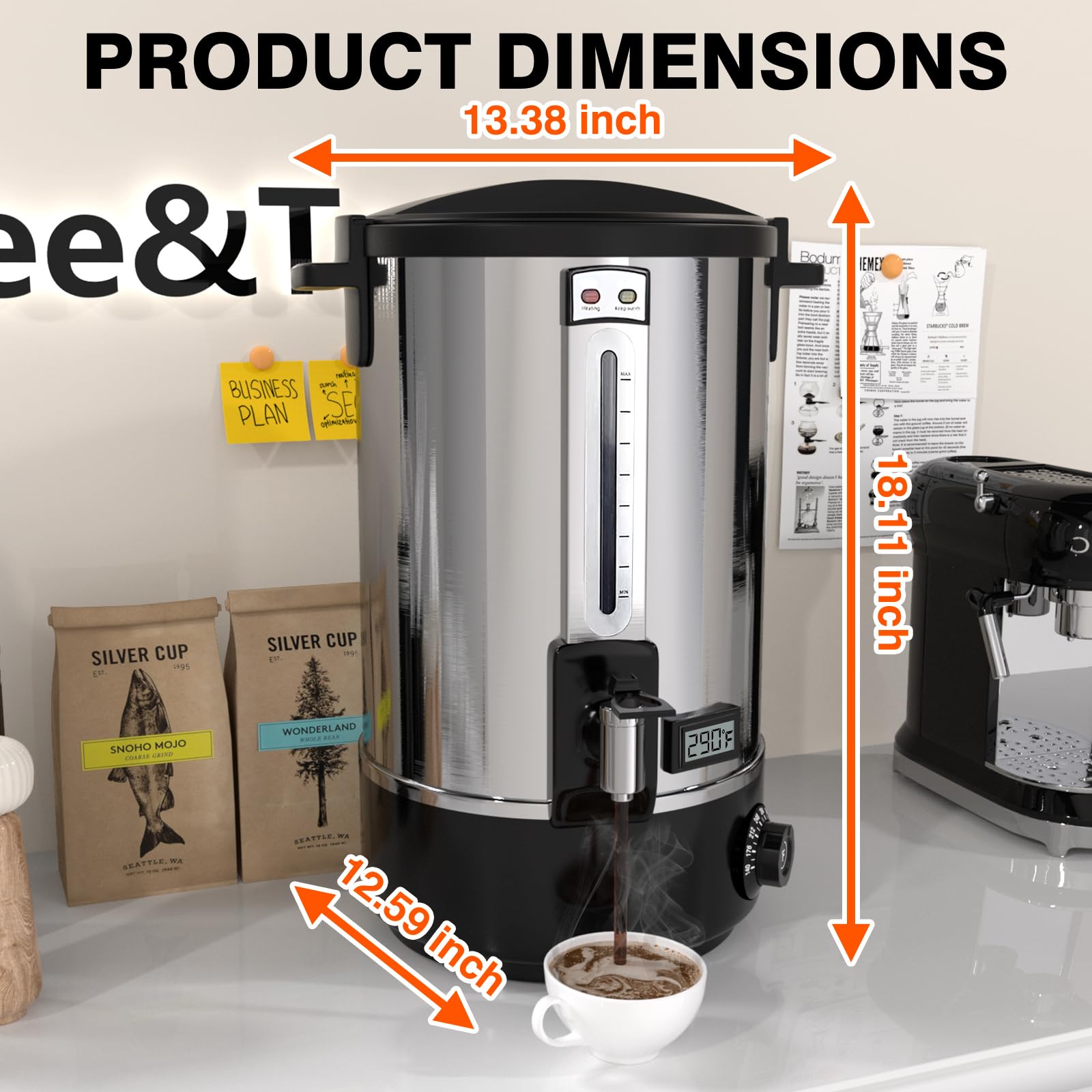 Commercial Grade 16.5L (110 Cups) Stainless Steel Electric Coffee Urn - Double Wall Insulated Large Coffee Dispenser for Catering, Events & Restaurants - Percolator Coffee Maker & Hot Water Dispenser for Parties, Weddings & Office Use