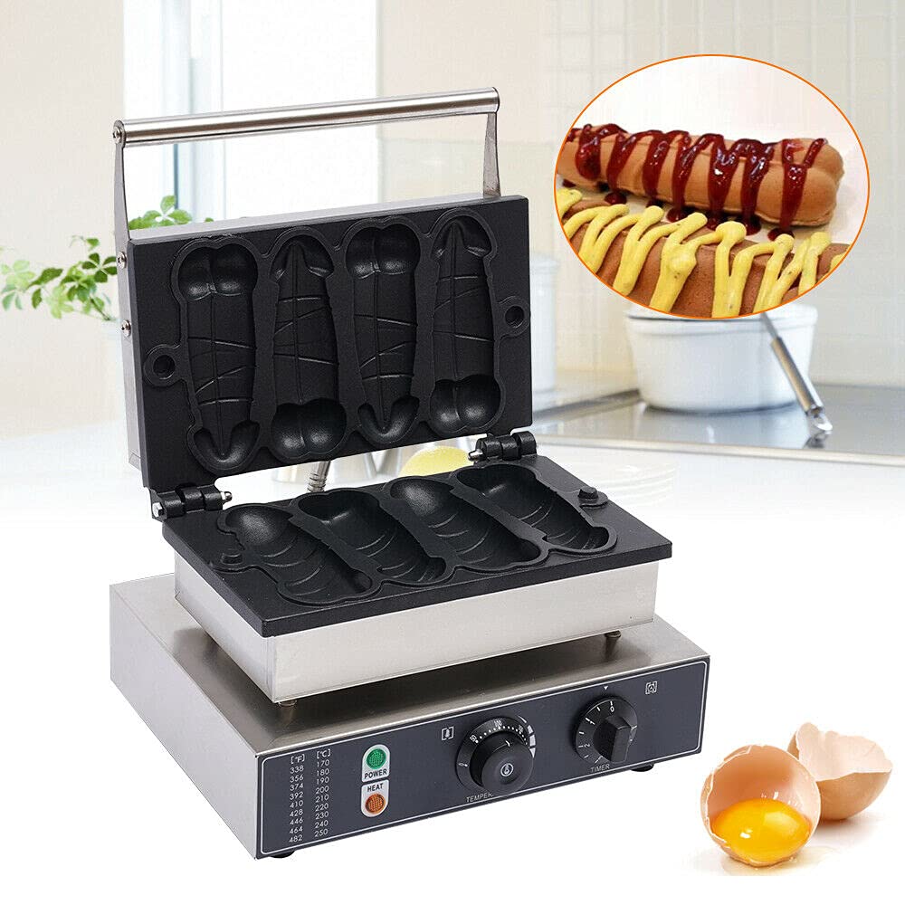 Commercial Electric Waffle Maker Machine - 4 Non-Stick Plates for Unique Shaped Waffles, Hot Dogs & Sausages - 1600W Stainless Steel Waffle Iron (110V) - Perfect for Home Breakfast, Parties & Food Trucks