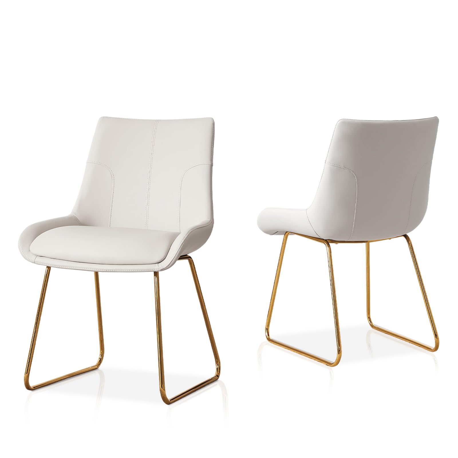 Modern Faux Leather Dining Chair Set of 2 - Off White Kitchen Chairs with Gold Metal Legs - Comfortable Dining Room Seating for Kitchen, Living Room & Restaurant Use