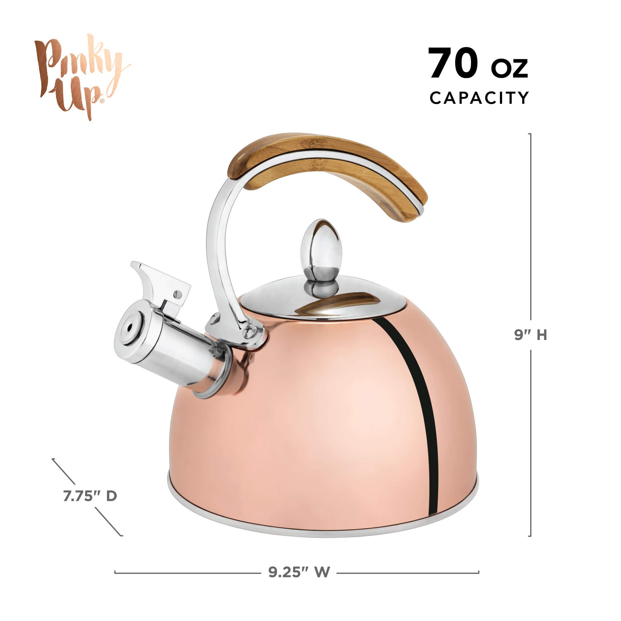 Pinky Up Presley 70 oz Stainless Steel Whistling Tea Kettle - Fast Boiling Stovetop Kettle with Wooden Handle & Rose Gold Finish - Perfect for Tea Lovers, Kitchen Decor & Gift Giving