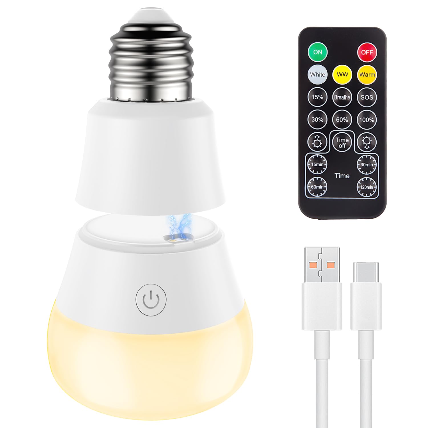 SCOPOW 2-in-1 Magnetic & USB Rechargeable LED Light Bulb with Remote Control - 3 Color Temperatures, Timer, Dimmer - Emergency & Detachable E26 Base - Perfect for Power Outages, Camping, Closets, and Home Decor