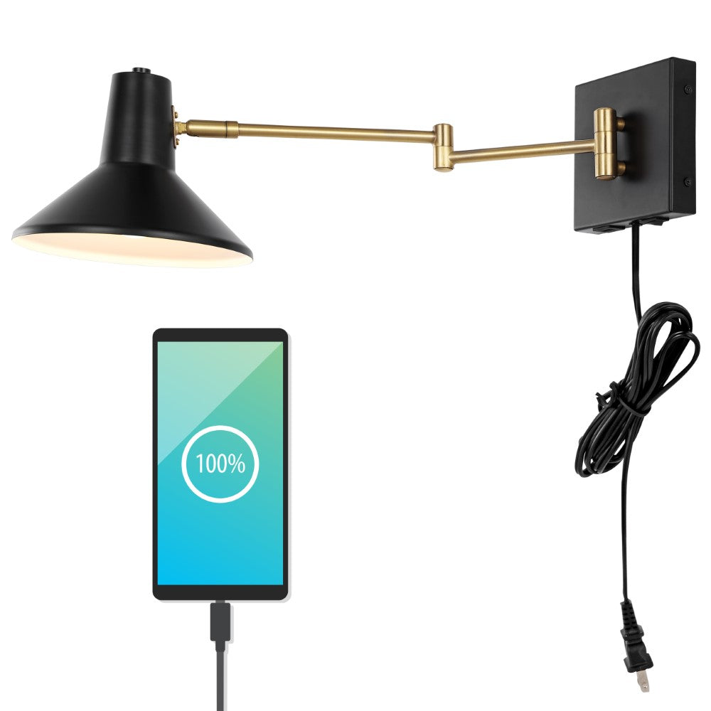 Modern Midcentury Iron Swing Arm Wall Sconce with USB Charging Port & LED Light - Hygge 16