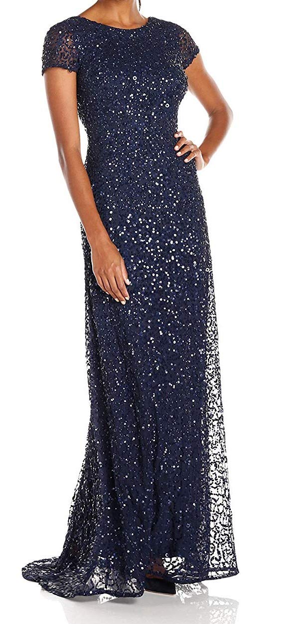 Adrianna Papell Women's Short-Sleeve Sequin Evening Gown - Sparkly Party Dress for Prom, Wedding & Special Occasions