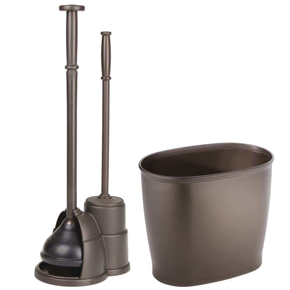 Modern Toilet Bowl Scrubber Brush and Plunger Combo Set - Heavy Duty Bathroom Cleaning Tools with Oval Wastebasket - Hideaway Design for Space Saving - Bronze Finish (Set of 2) - Perfect for Small Bathrooms, Apartments, and RVs