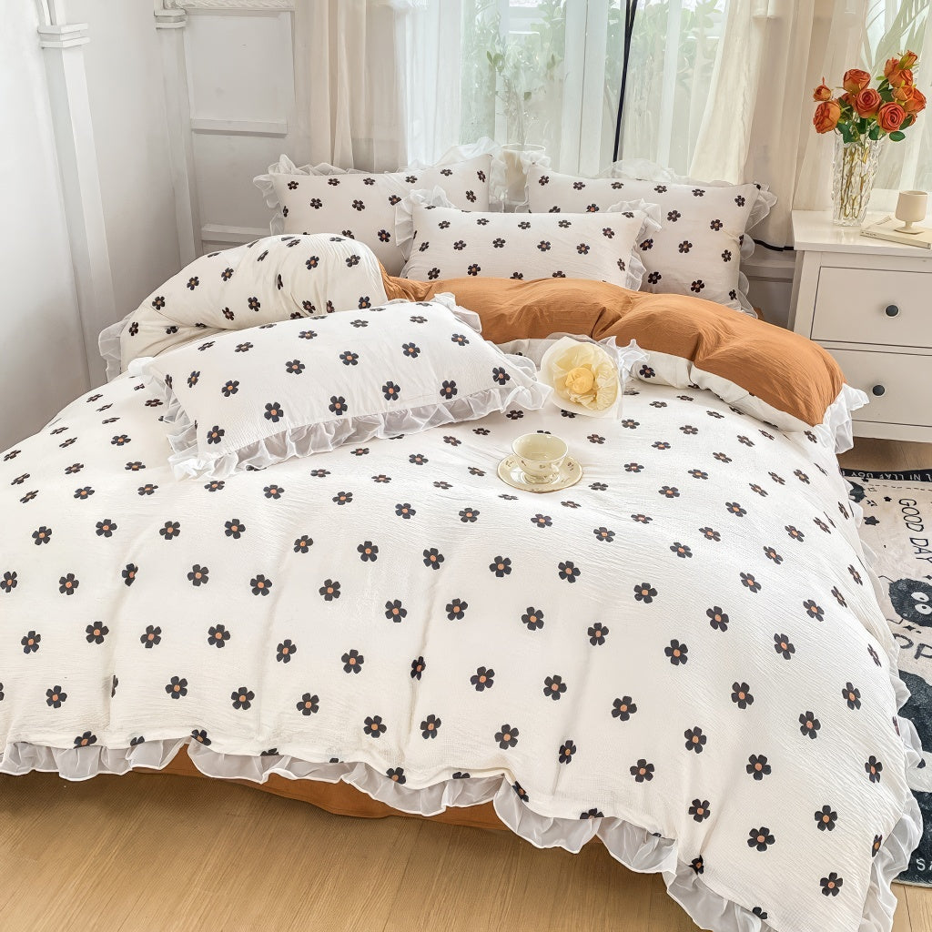 Spring Flowers Print Lace Bedding Set - Queen Size Floral Duvet Cover & Pillowcases - Romantic Boho Bedroom Decor for Women & Girls