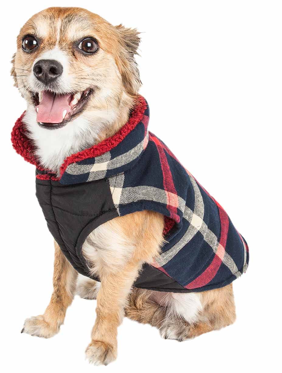Pet Life Allegiance Plaid Dog Coat - Reversible Sherpa Lined Insulated Winter Jacket for Small, Medium & Large Dogs - Warm & Stylish Outerwear for Cold Weather Walks & Outdoor Adventures