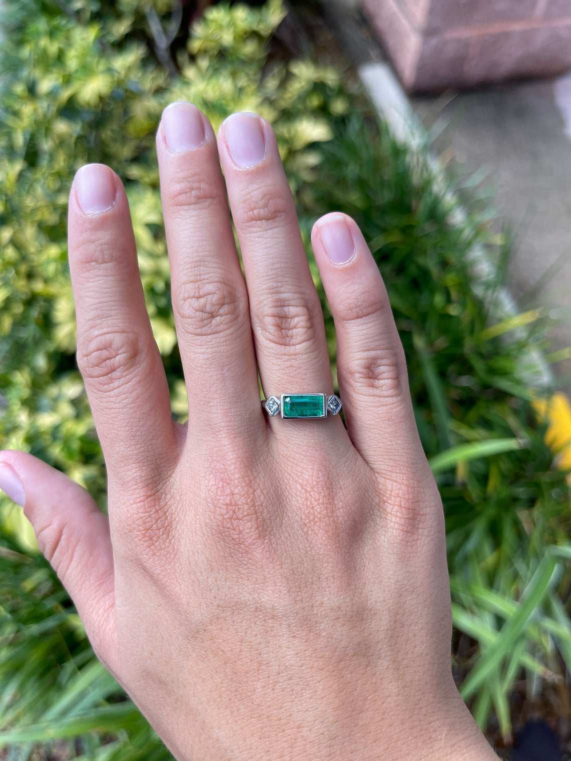 1.70tcw Three Stone Elongated Emerald & Princess Cut Diamond Bezel Ring in 18K Gold - Elegant Engagement, Anniversary or Gift Jewelry for Women