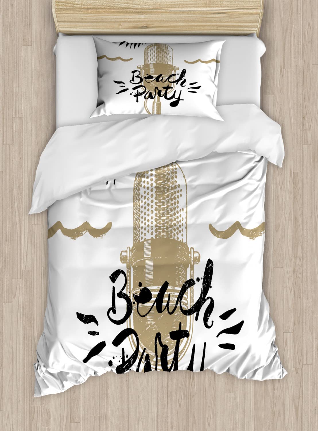 Ambesonne Beach Themed Duvet Cover Set - Retro Microphone & Palm Leaves Design, 2-Piece Twin Size Bedding (Camel/Black/White) for Coastal Decor, Guest Room & Vacation Home Styling