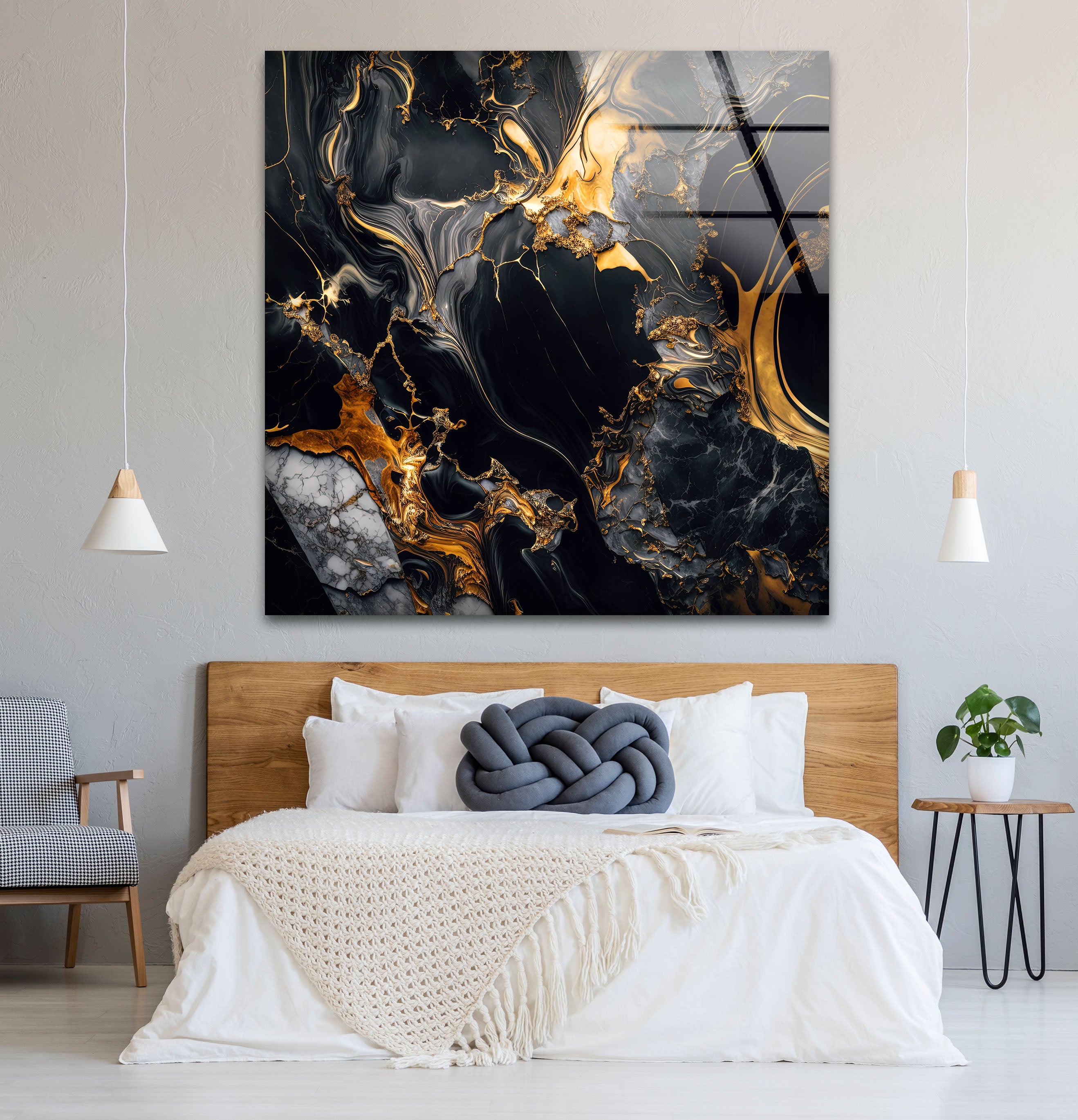 Luxury Black Marble Gold Flow Abstract Glass Wall Art Print - Modern Home & Office Decor for Living Room, Bedroom, Dining Area