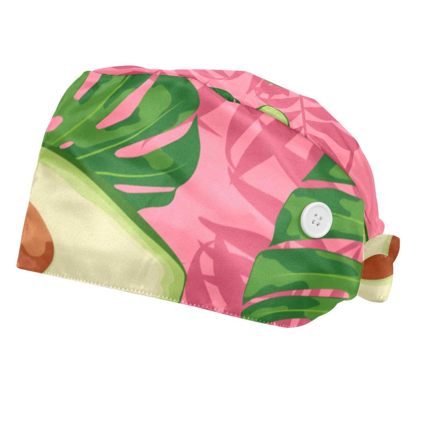 Adjustable Unisex Monstera Print Bouffant Scrub Hat with Sweatband - 2 Pack | Pink & Green Surgical Cap for Nurses, Doctors & Healthcare Workers