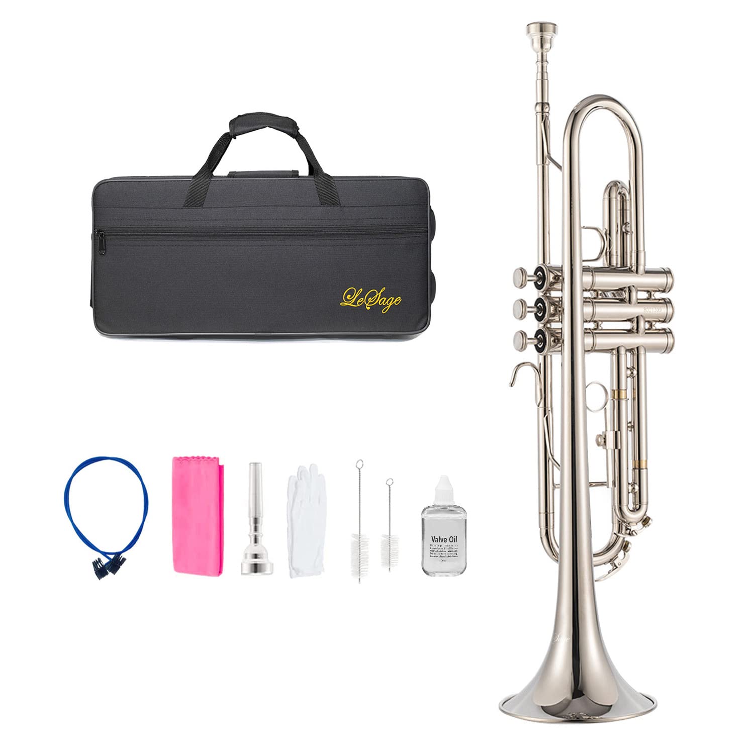 LeSage Bb Trumpet for Beginners - Professional Brass Instrument with Nickel Silver Finish, Includes Mouthpiece, Cleaning Kit, Valve Oil & Hard Case - Perfect for School Bands, Music Lessons & Jazz Performances