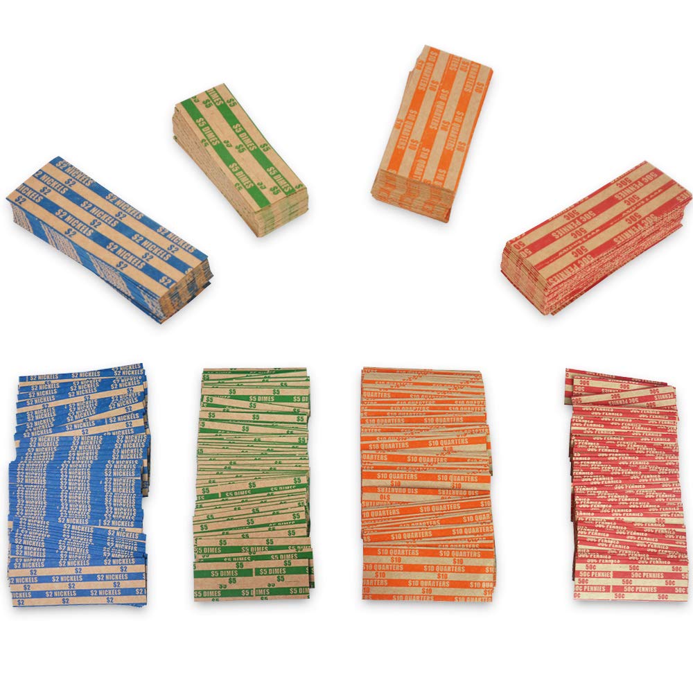 400-Piece Assorted Flat Coin Wrappers for Quarters, Dimes, Nickels & Pennies - Pre-Cut & Stripped Bank Roll Paper - Perfect for Coin Collectors, Banks & Cash Handling Businesses (100 of Each Denomination)