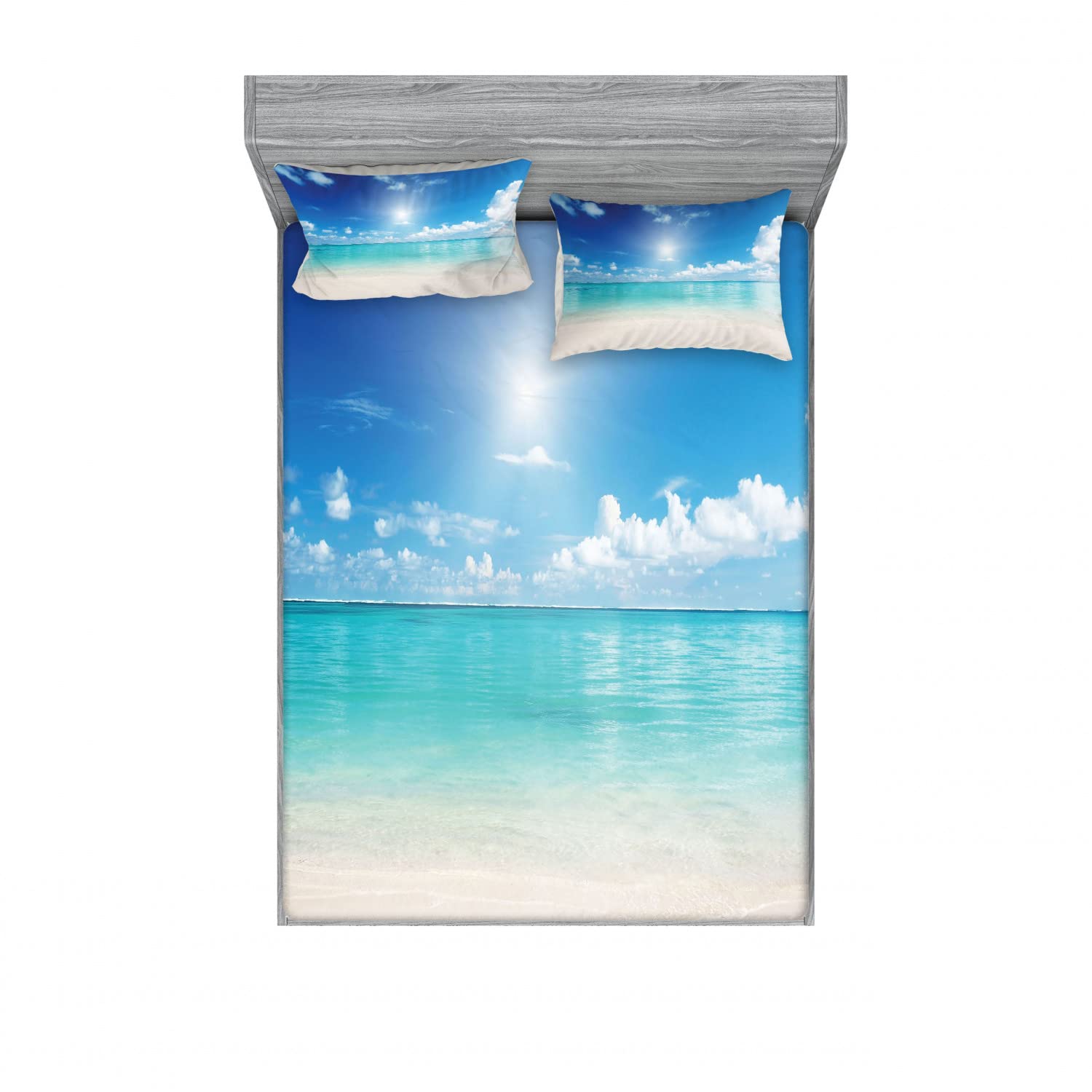 Ambesonne 2-Pack Full Size Fitted Sheet & Pillow Sham Set - Sky & Tropical Sea Ocean Theme 4-Piece Bedding Decor (2 Fitted Sheets + 4 Pillow Covers) in Cream Turquoise White | Coastal & Beach House Decor for Master Bedroom, Guest Room & Vacation Homes