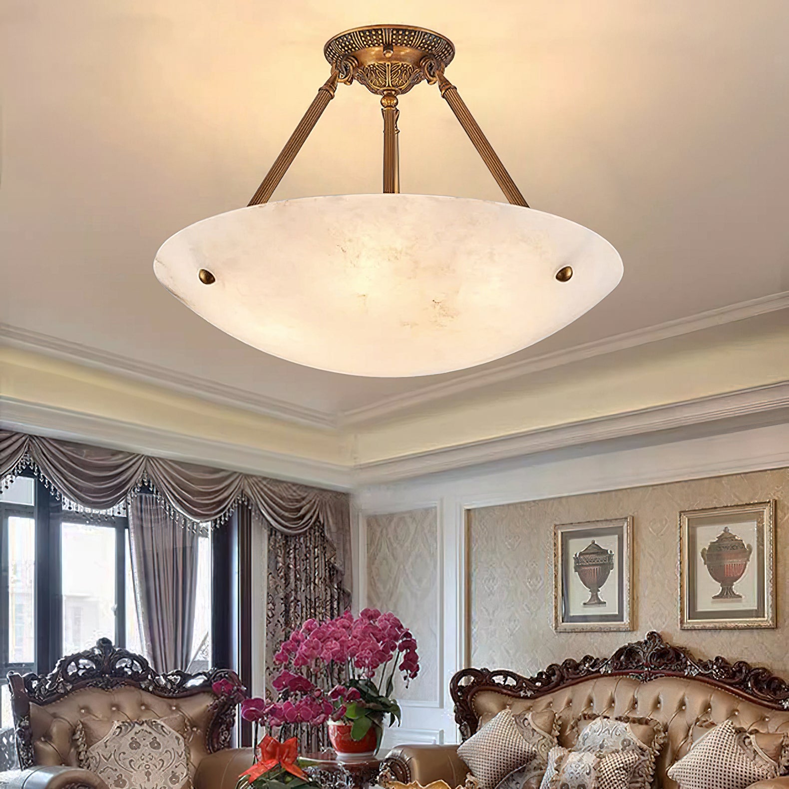 Alabaster Bowl Ceiling Light Fixture - Modern Handcrafted Stone Pendant Lamp for Dining Room, Living Room & Bedroom Lighting
