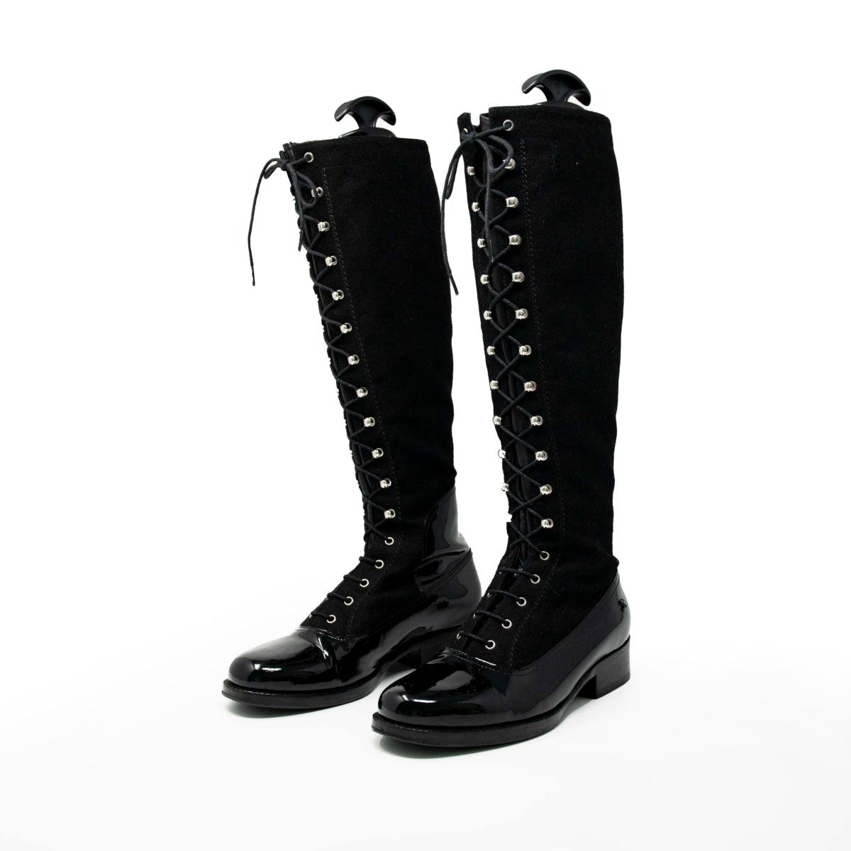 Chanel Black Lace-Up Knee High Boots Size 37 - Elegant Women's Fashion Boots for Party, Evening Wear & Winter Outfits