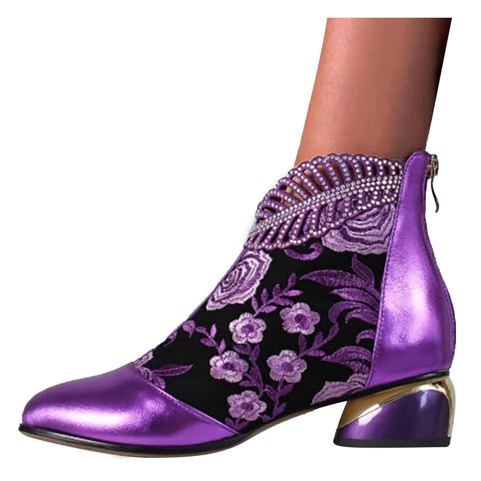 Zieglen Women's Pointed Toe High Heel Ankle Boots - Retro Embroidery Western Booties with Chunky Combat Sole | Perfect for Fall Fashion, Date Night & Cowgirl Style Outfits