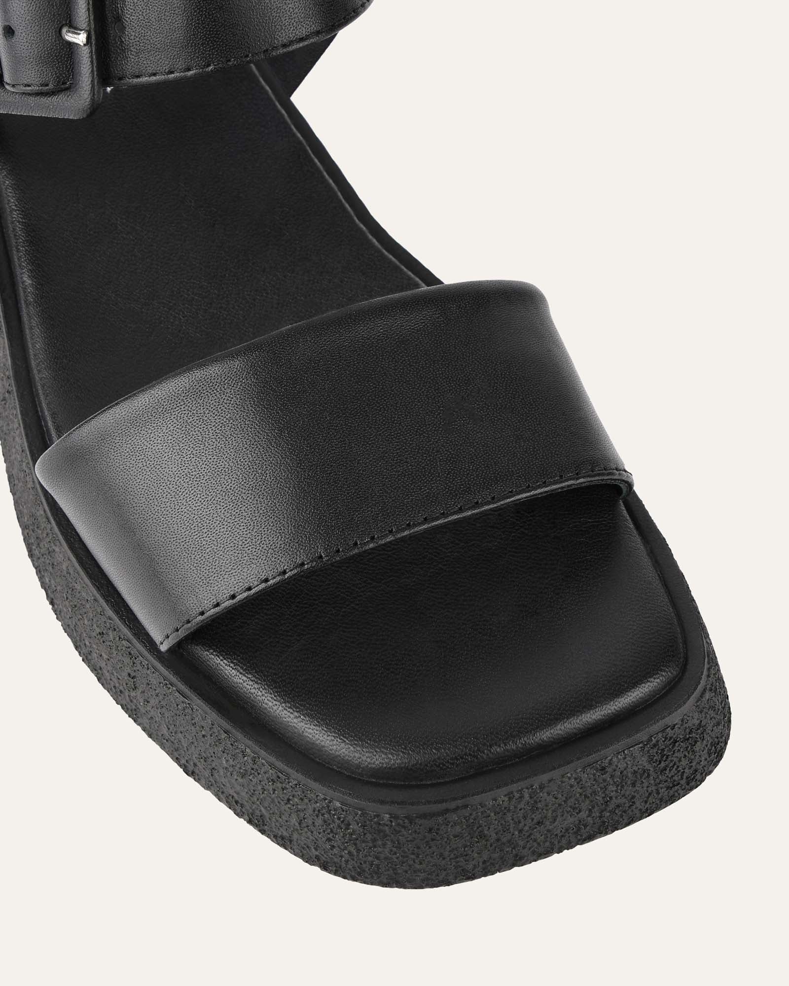 ZURI Women's Flat Sandals - Black Genuine Leather Comfortable Slip-On Sandals for Walking, Beach, Vacation & Casual Outings