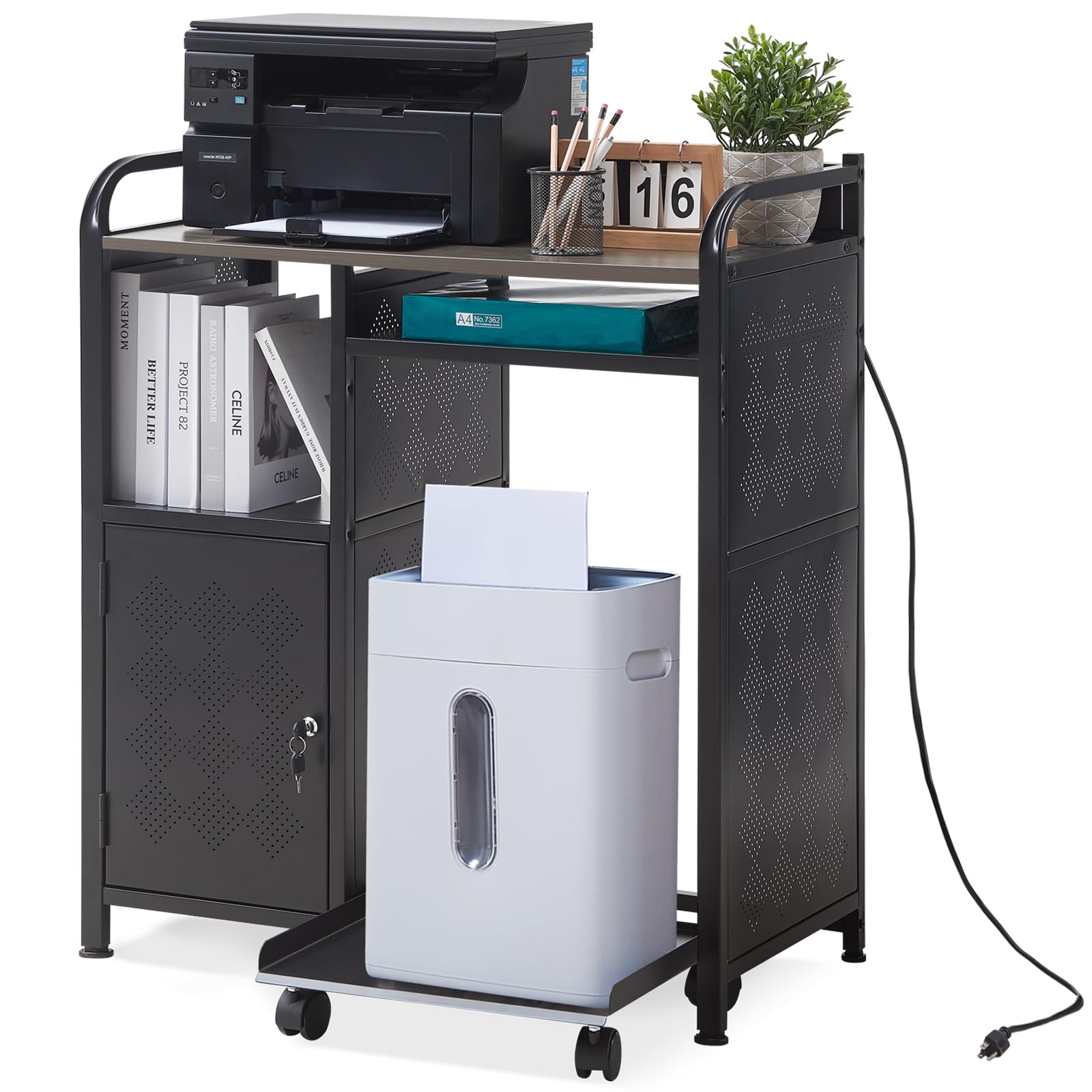 Heavy-Duty Printer Stand with Storage - Adjustable Printer Table with Power Outlet & USB Ports - Home Office Desk Organizer with Paper Shredder Shelf & PC Tower Stand on Wheels - Perfect for Workspace Organization & Multi-Functional Home Office Setup