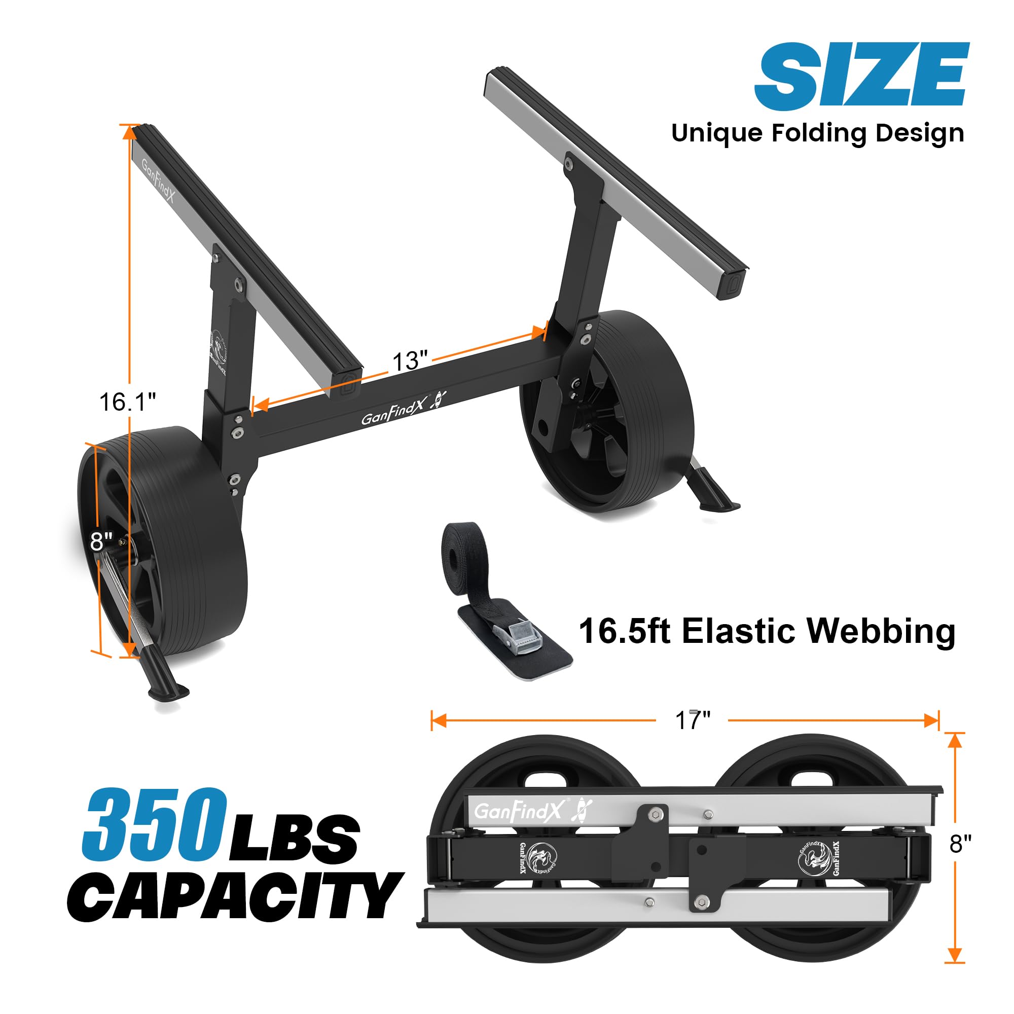 Heavy-Duty Folding Kayak Cart Dolly with Puncture-Proof Wheels & Kickstand - 350 lb Capacity Kayak Carrier for Canoes and Paddle Boards (Bright Black) | Portable Watercraft Transport for Beach, Lake & River Adventures