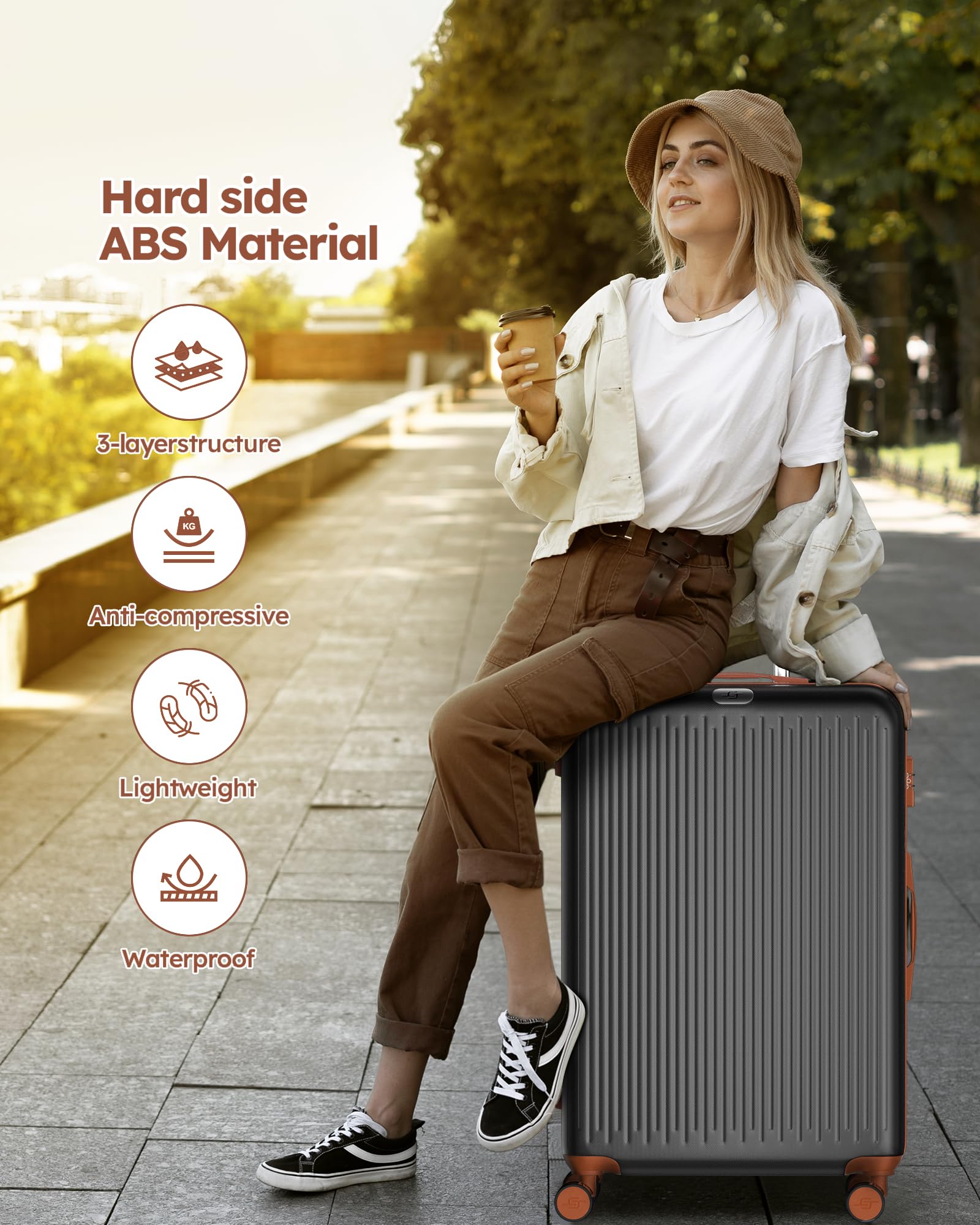 3 Piece Expandable Hardshell Luggage Set with Double Spinner Wheels & TSA Lock - Black/Brown - Perfect for International Travel & Family Vacations