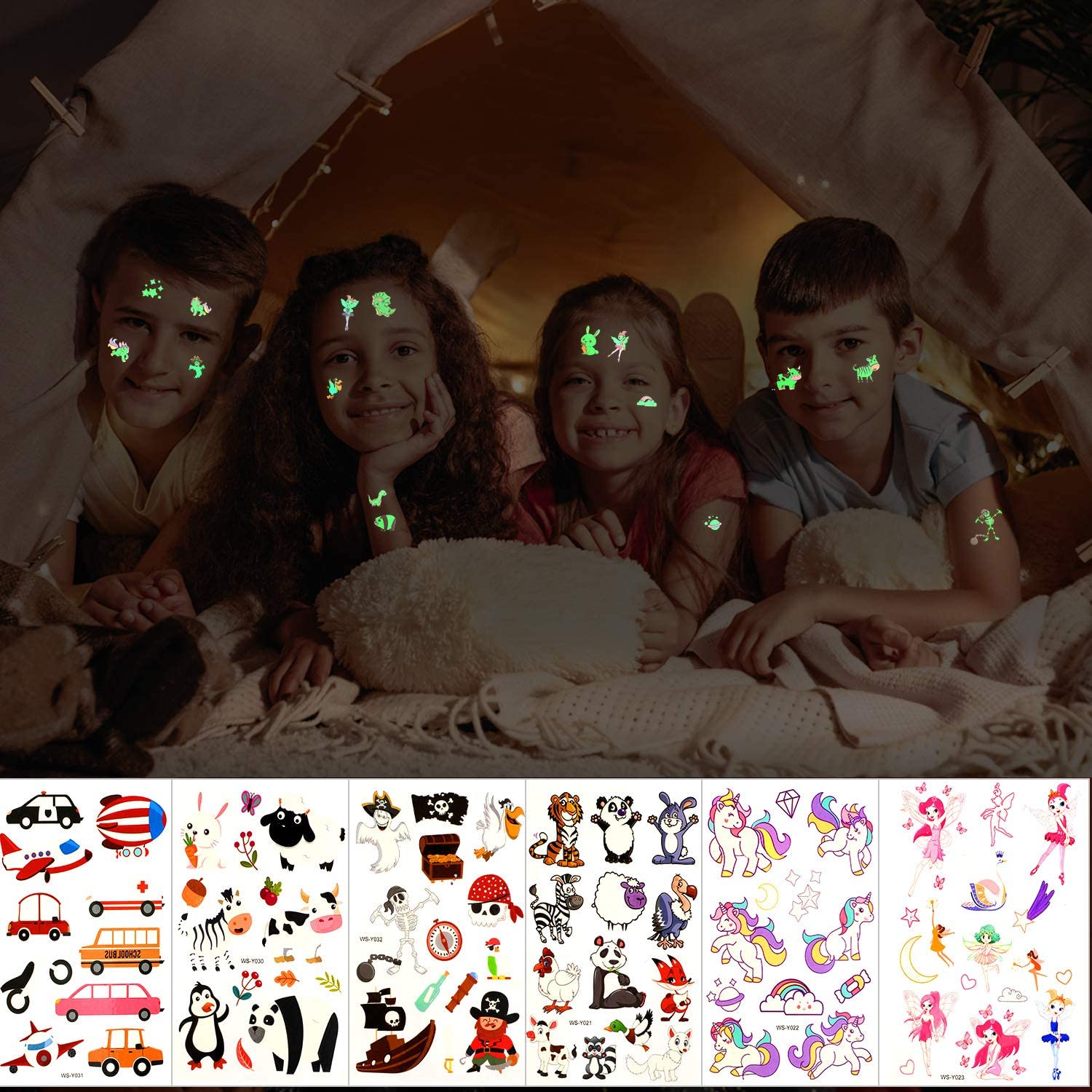 **PATPAT® 12 Sheets Glow in the Dark Temporary Tattoos for Kids - Cartoon Fake Tattoo Stickers, Luminous Party Supplies for Boys & Girls - Perfect for Halloween, Birthday Parties & Costume Events**