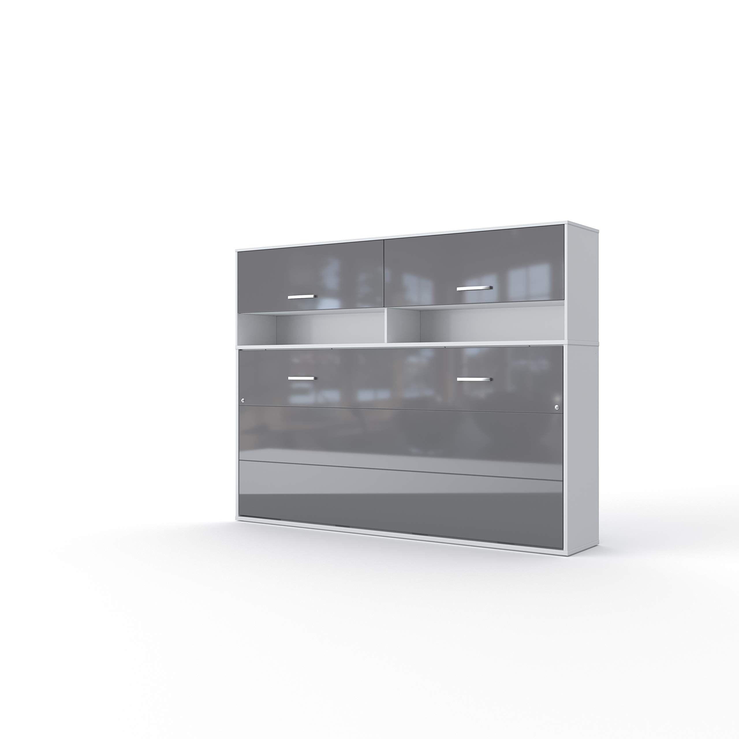 Contempo Horizontal Wall Bed - European Queen Size with Built-in Cabinet (White/Grey) | Space-Saving Murphy Bed for Small Apartments & Guest Rooms