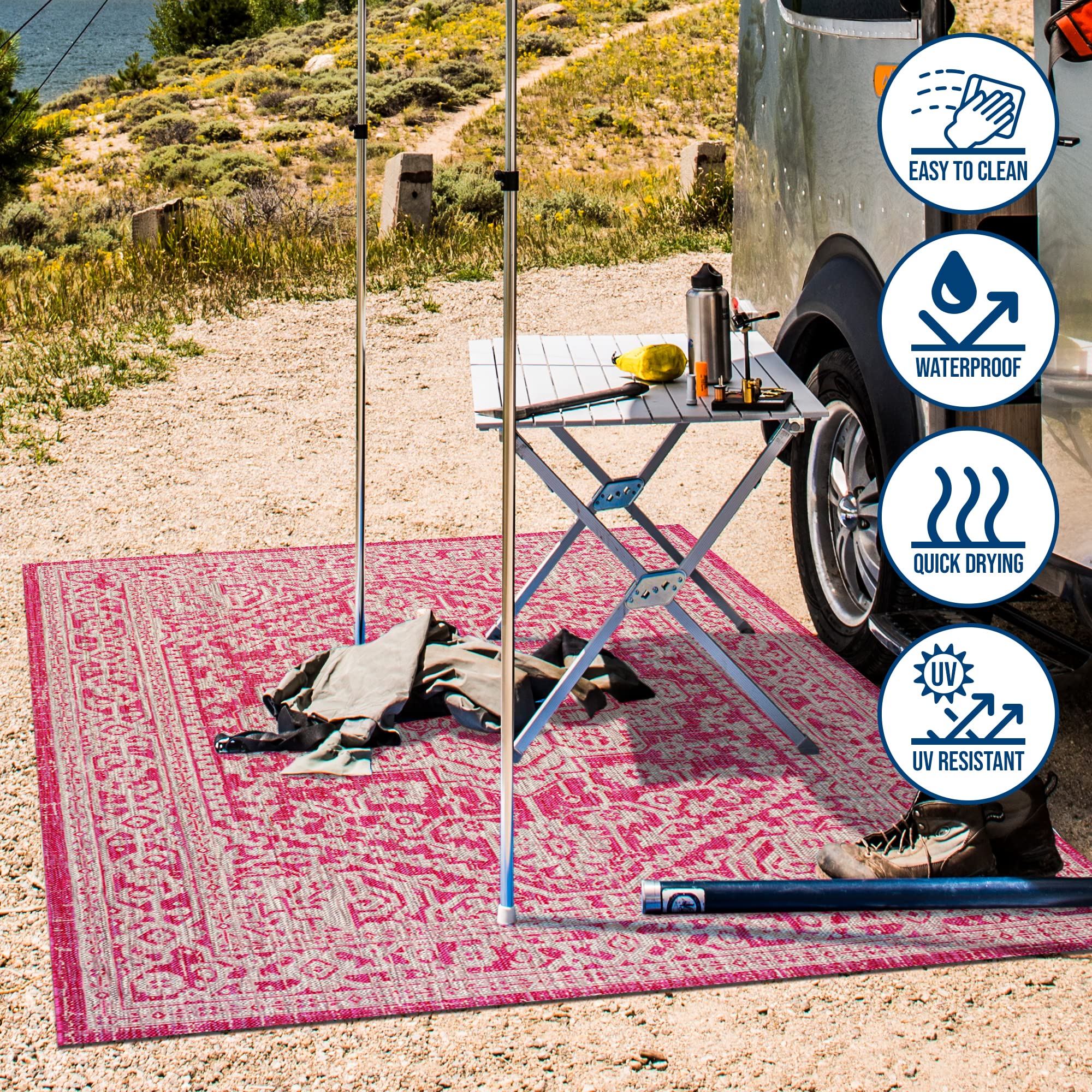 JONATHAN Y SMB101G-9 Sinjuri Medallion Textured Weave Indoor/Outdoor Area Rug - Bohemian Traditional Transitional Design, Easy-Cleaning Non-Shedding 9x12 Feet, Fuchsia & Light Gray - Perfect for Bedroom, Kitchen, Backyard, Patio & Living Room Decor