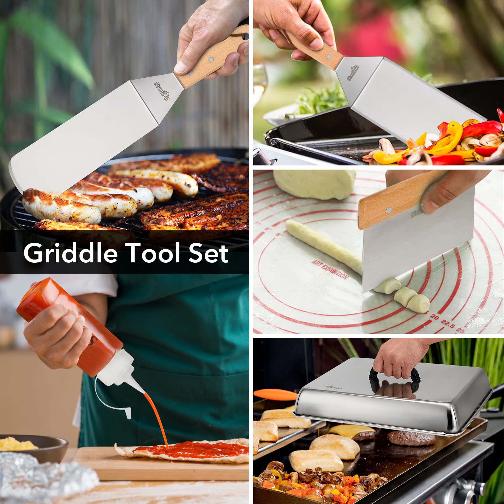 Stanbroil 6-Piece BBQ Griddle Accessories Set - Heavy Duty Stainless Steel Grill Scraper, Spatula, Basting Cover & Oil Bottles for Blackstone, Camp Chef & Outdoor Griddles - Perfect for Backyard Grilling, Camping & Tailgating