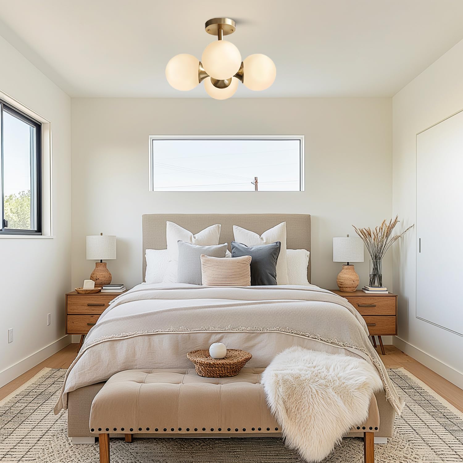 Modo Lighting Antique Brass 4-Light Ceiling Fixture - Mid-Century Modern Flush Mount Chandelier with Frosted Glass Globes - Perfect for Bedroom, Living Room, Dining Room & Entryway Lighting