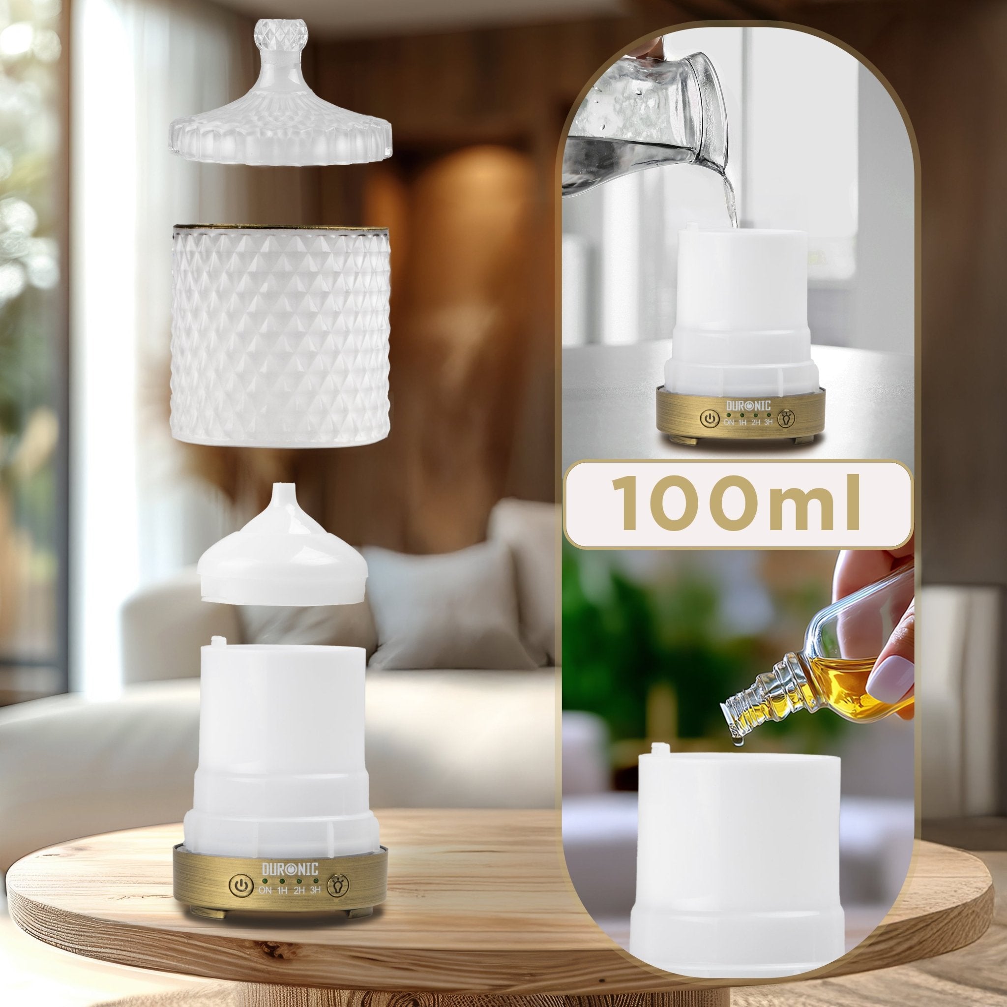 Duronic AD31 100ml Essential Oil Diffuser - Ultrasonic Aromatherapy Humidifier with 7 Color LED Lights for Home, Office, Bedroom & Spa | Perfect for Relaxation, Sleep & Stress Relief | Compact & Quiet Design