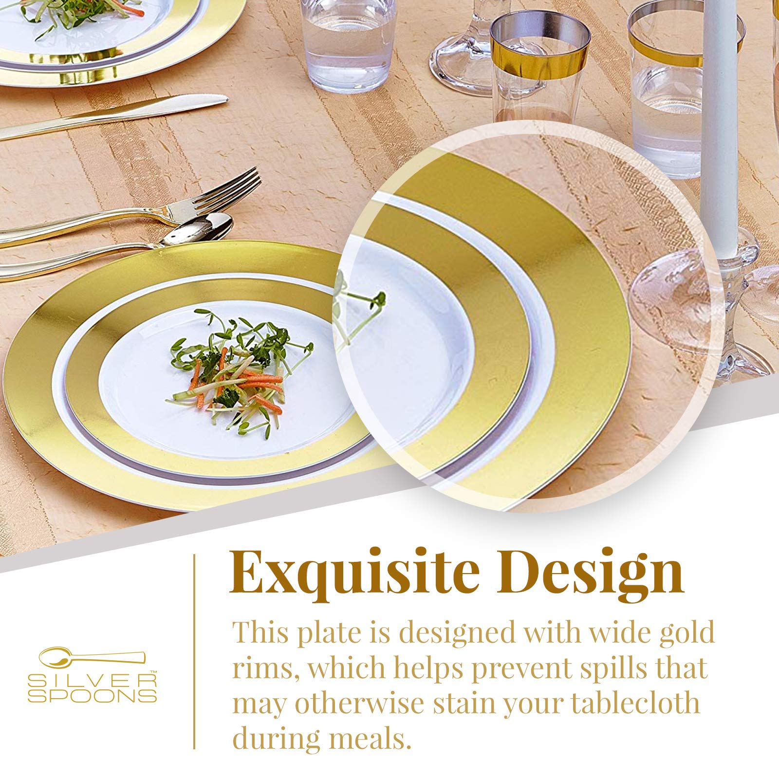 Elegant 60-Piece Disposable Dinnerware Set - 20 Dinner Plates, 20 Salad Plates, 20 Dessert Plates | Heavy Duty Silver Spoons Party Dishes with Fine China Look | Perfect for Weddings, Catering & Upscale Events (Ritz Gold)