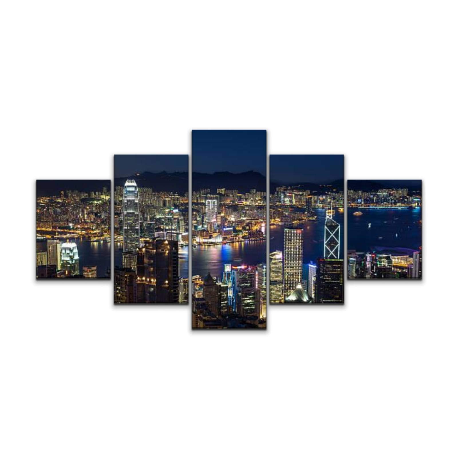 5-Panel Large Canvas Wall Art Print - Hong Kong Victoria Harbor Night Skyline Stretched Framed Picture (60x32 Inch) for Living Room, Bedroom & Office Decor | Modern Cityscape Home Wall Decor