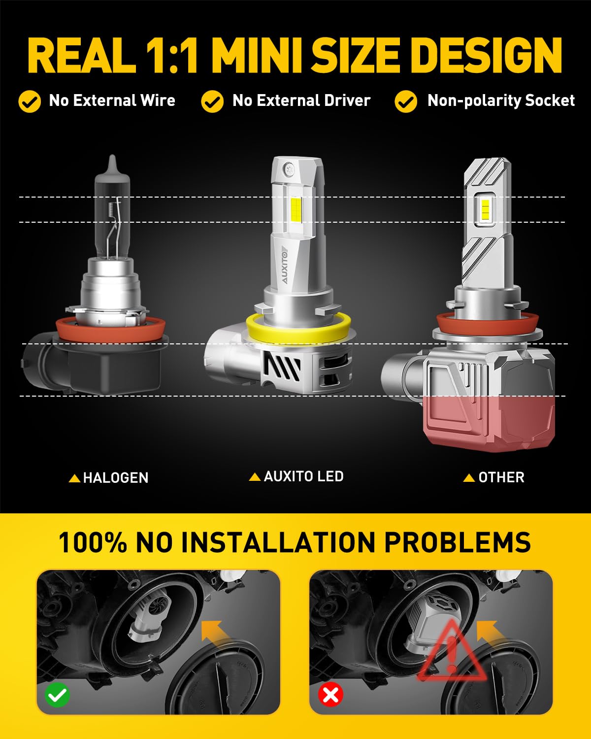 AUXITO 9005/HB3 H11/H8/H9 LED Bulbs Combo - 2024 Upgraded M3S, 800% Brighter 6500K Cool White, 1:1 Mini Size, Plug and Play - Perfect for Cars, Trucks, SUVs, and Motorcycles (Pack of 4)