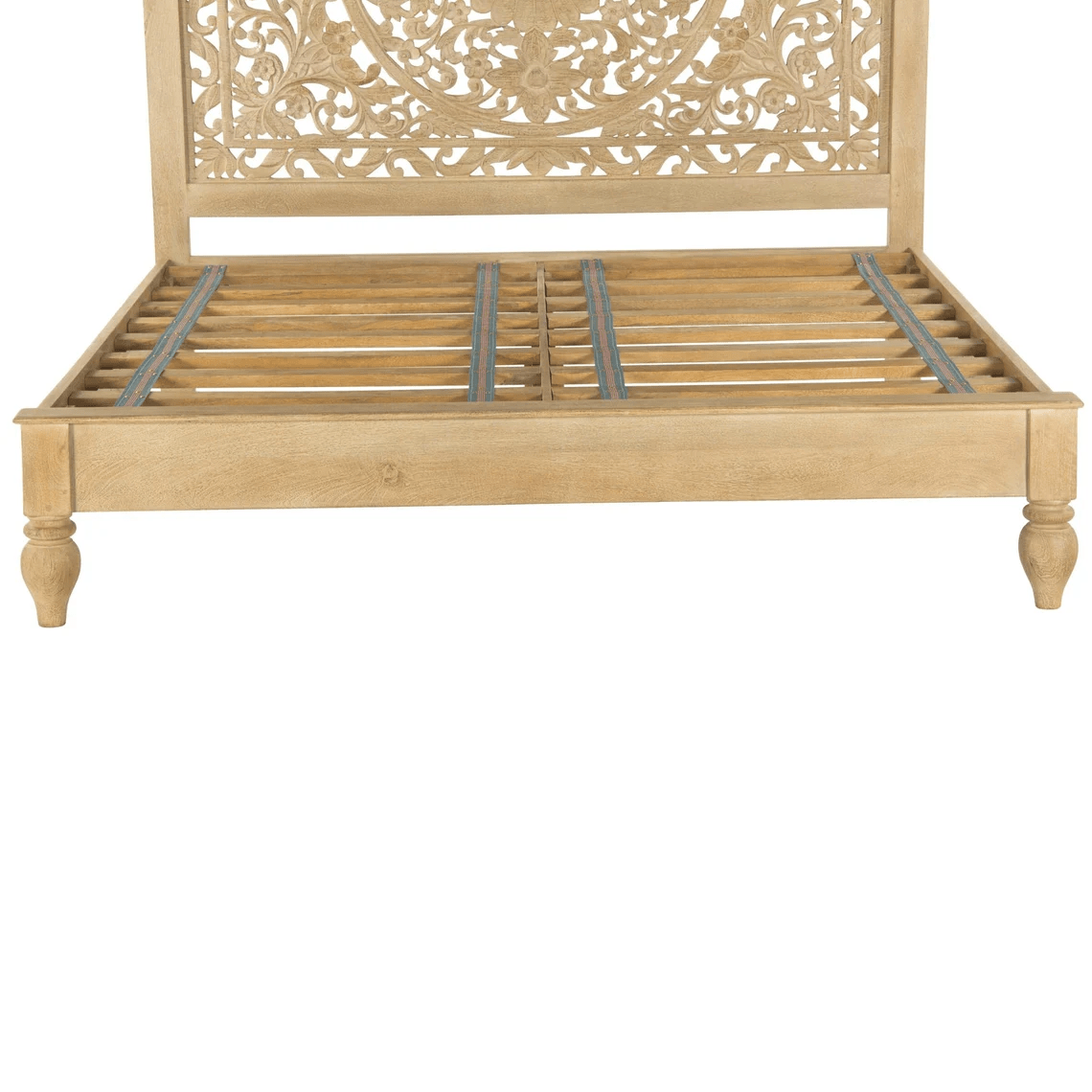 Hand Carved Solid Wood Bed Frame with Headboard - Indian Style Queen/King Size Bed - Perfect for Master Bedroom, Guest Room & Farmhouse Decor
