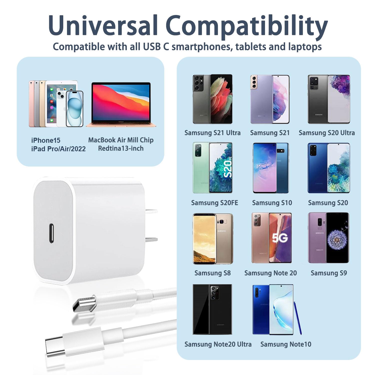 20W USB C Wall Charger for iPhone 15/16 Pro Max - Fast Charging Block with 2-Pack 6FT 60W USB C to C Cables - Compatible with Samsung Galaxy, iPad Pro & Android Phones (White) - Perfect for Home, Office & Travel Charging