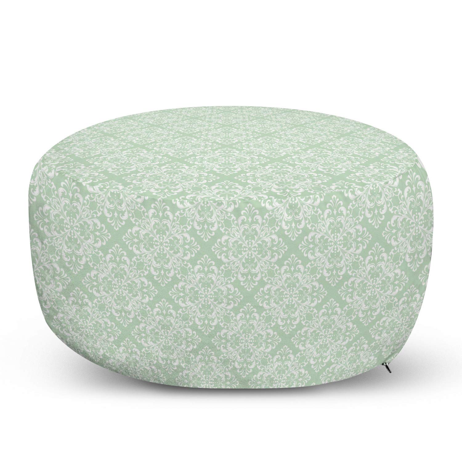 Ambesonne Damask Ottoman Pouf - Romantic Floral Rhombus Pattern Foot Rest with Removable Cover - Pale Green & White - Perfect for Living Room, Bedroom & Home Decor