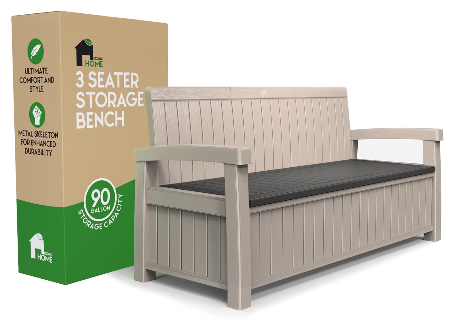 EconoHome 3-Seat Outdoor Storage Bench - 90 Gallon Capacity - Weatherproof Resin Patio Furniture for Garden, Yard, Pool Area - Perfect for Storing Pool Accessories, Gardening Tools, and Outdoor Toys - Ideal for Patio, Porch, and Backyard Relaxation