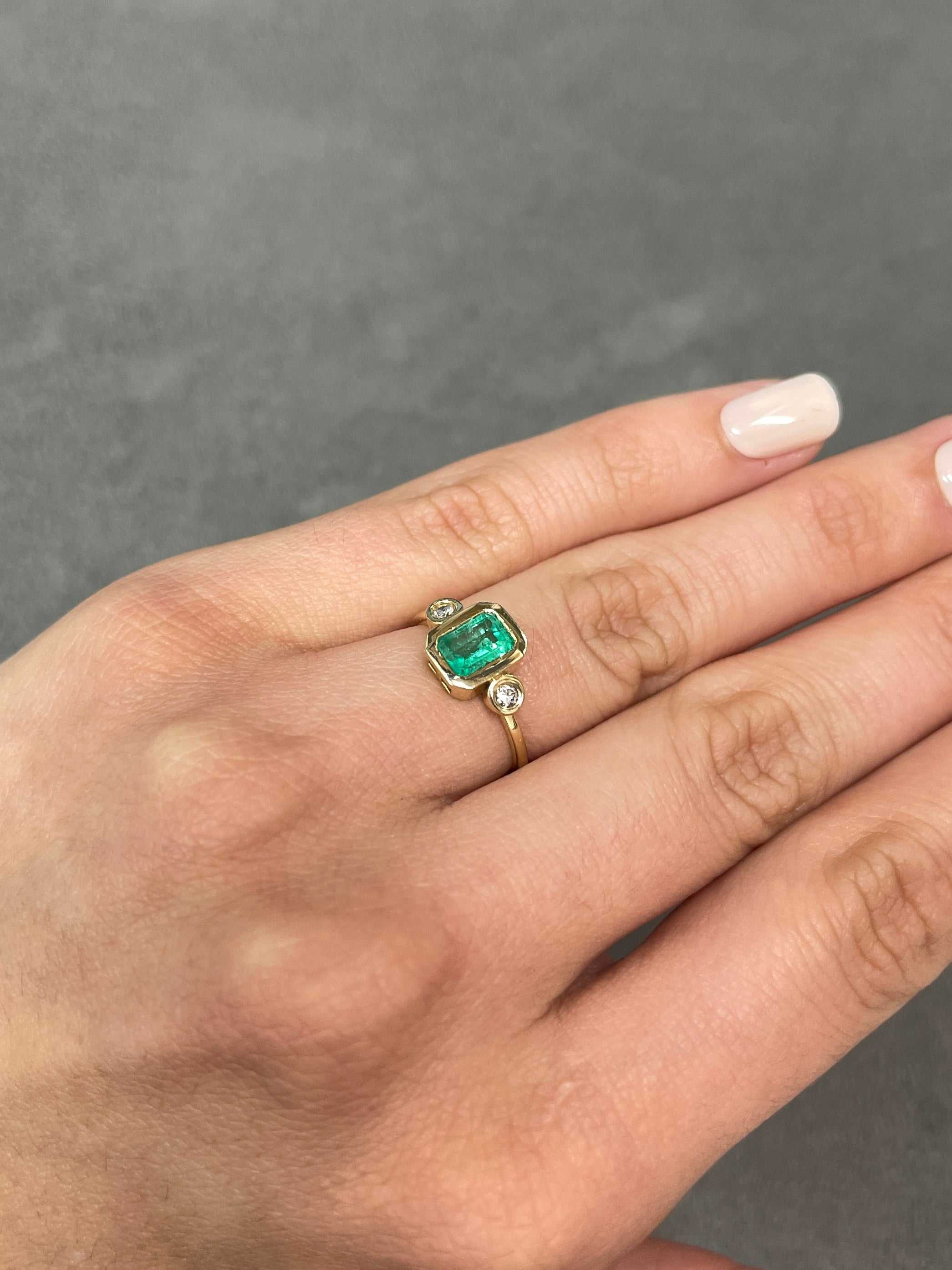 1.20tcw Bezel Set Three Stone Emerald & Diamond Ring in 14K Gold - Elegant Jewelry for Weddings, Anniversaries & Special Occasions