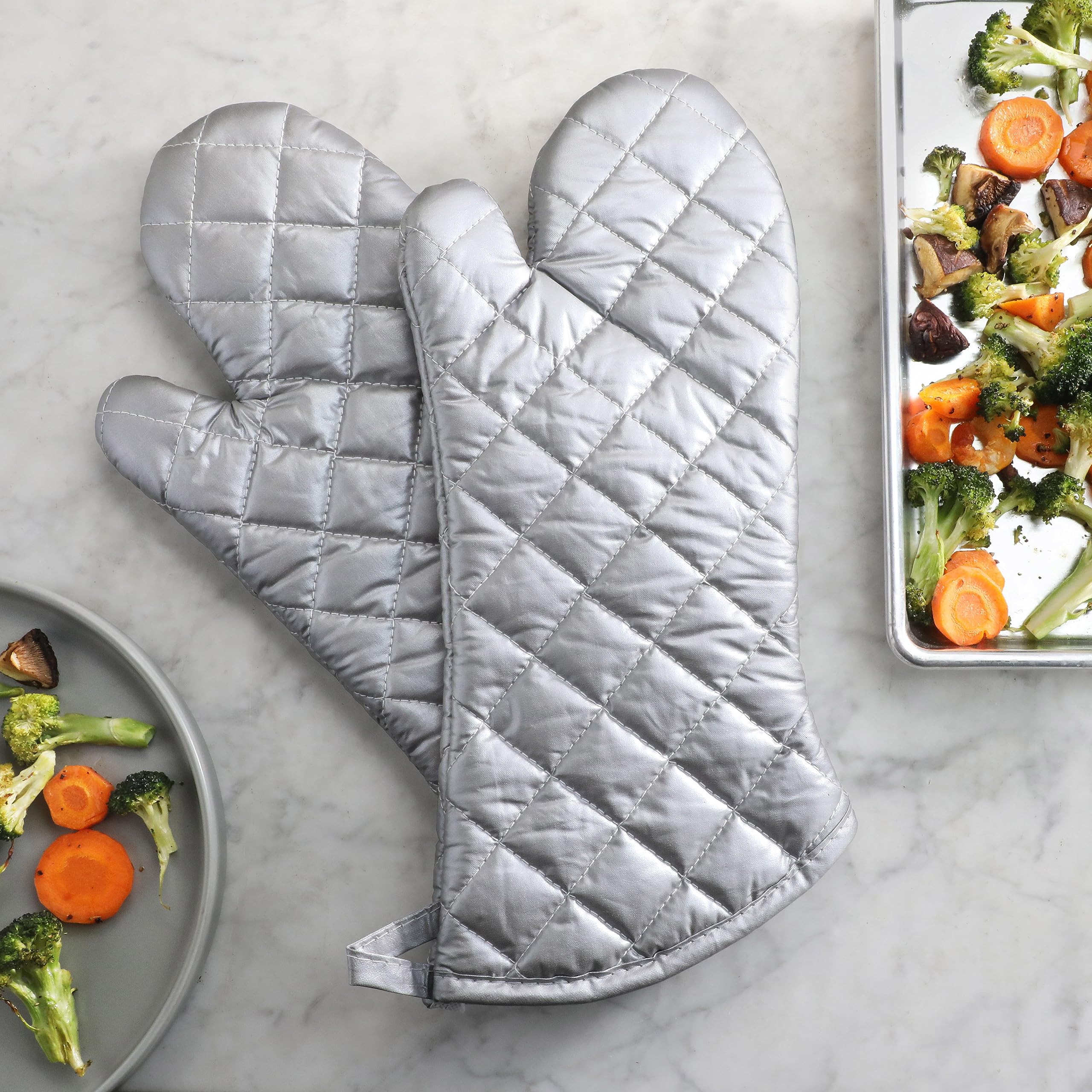 Premium Heat-Resistant Oven Mitts Set of 2 - 15-Inch Silver Interwoven Cloth & Silicone Gloves - Up to 400°F Protection for Baking, Grilling, Cooking - Ideal for Kitchen, BBQ & Food Service Use