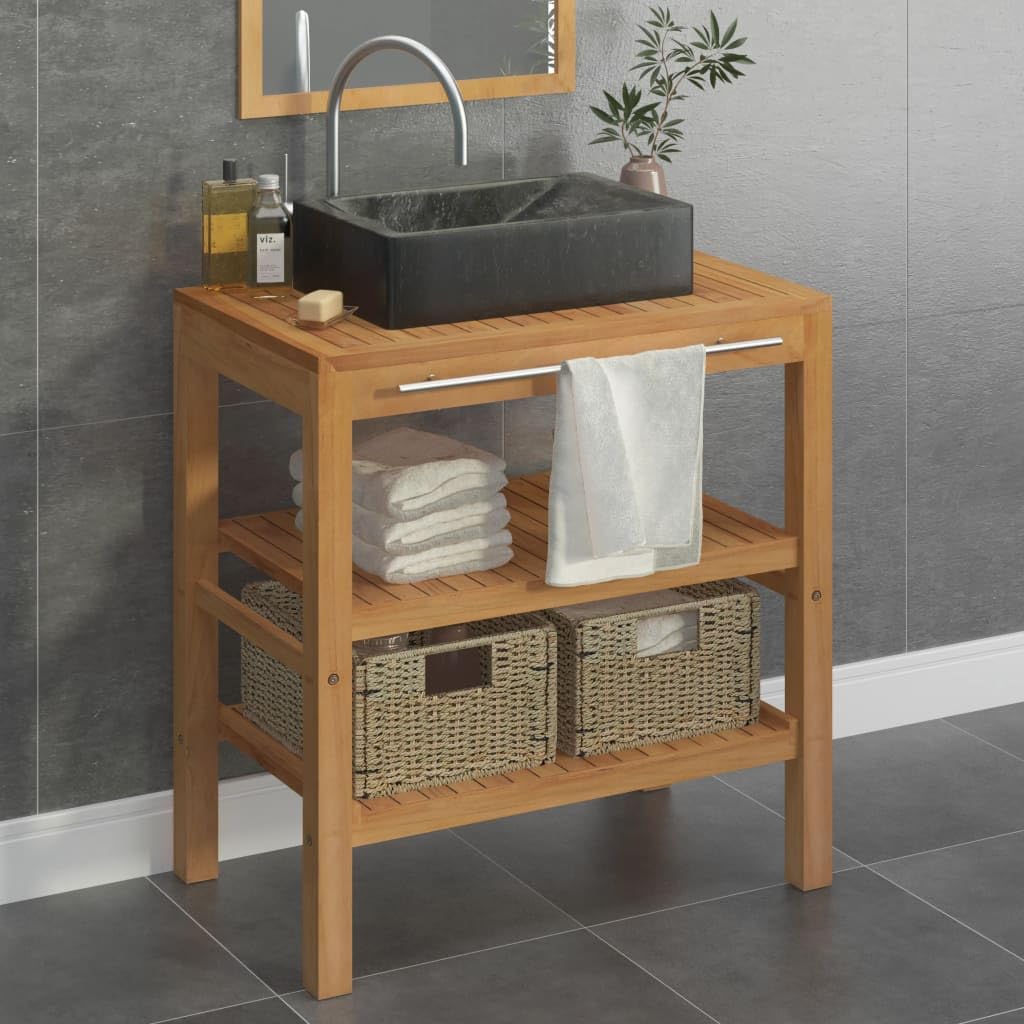 Premium Handmade Solid Teak Bathroom Vanity with Marble Sink & Storage Baskets | Modern Black Bathroom Furniture | Perfect for Small Bathrooms, Powder Rooms & Master Bath Suites