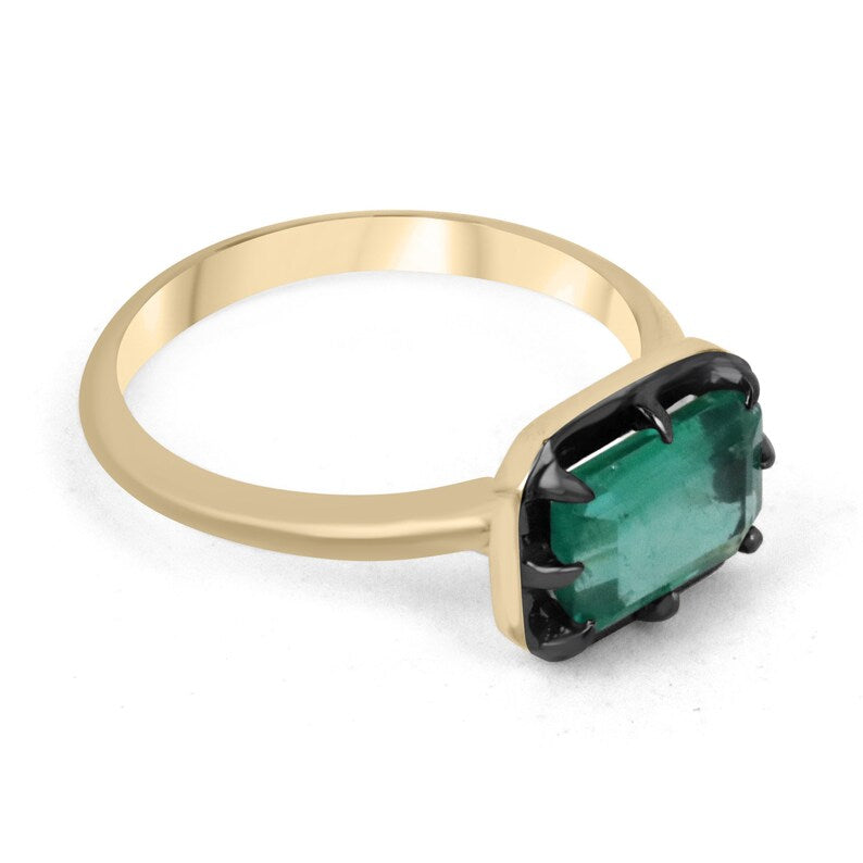 1.85ct 14K Gold Emerald Cut Georgian Style Bluish Green Solitaire East-West 8 Prong Engagement Ring for Women | Vintage Inspired Wedding Band, Anniversary Gift, Special Occasion Jewelry