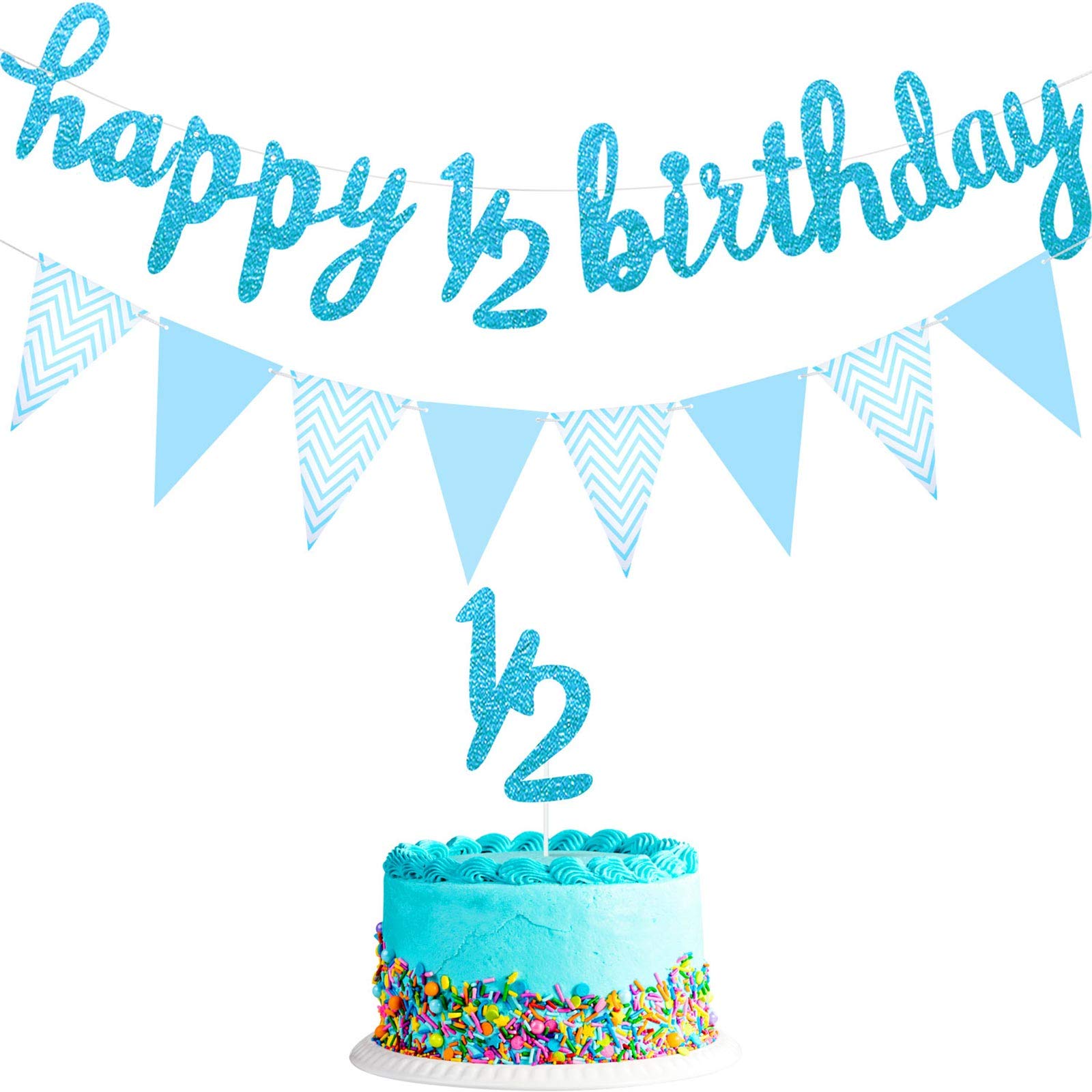 3 Pcs Half Birthday Decorations Set - 6 Months Happy 1/2 Birthday Banner, Glitter Cake Topper & Triangle Flag Banner for Baby Shower, Party & Photoshoot Props (Blue) - Perfect for First Birthday Celebrations, Monthly Milestone Photos & Nursery Decor
