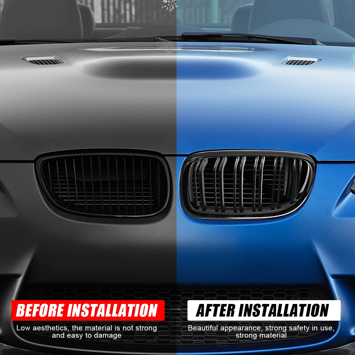 Gloss Black Double Line KVR Kidney Grill for BMW 3 Series E90 E91 (2009-2011) - Compatible with 323i 325i 328i 330i 335i - 2PC Grille Insert Trims - Perfect Upgrade for Sporty Look & Enhanced Airflow