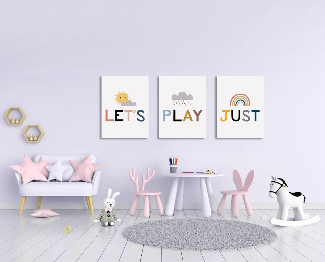 Kids Playroom Wall Decor - Playroom Sign & Let's Just Play Poster - Framed Classroom & Children's Room Art - Easy to Hang Playroom Wall Art for Bedrooms, Daycares & Preschools