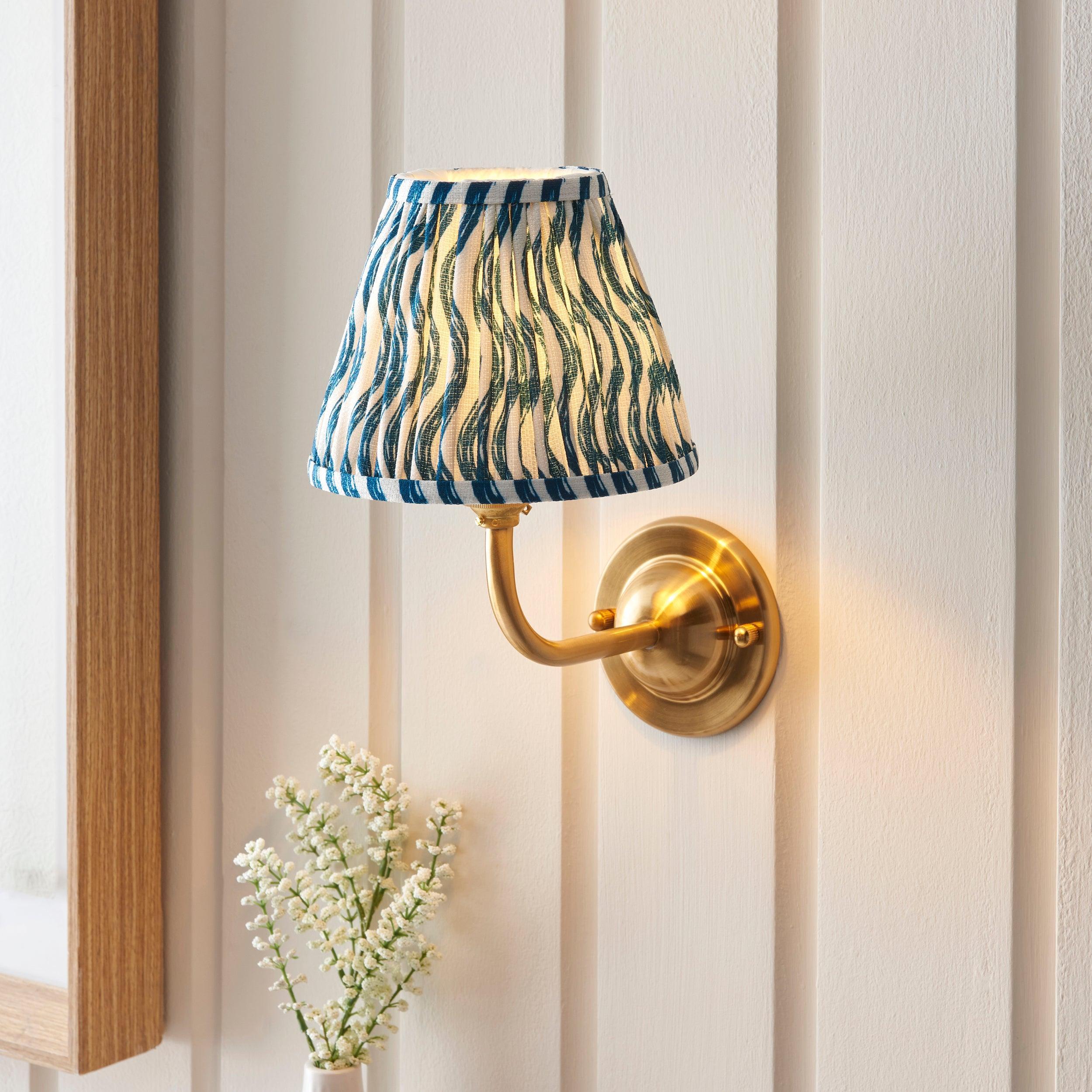 Vintage Dome Arc Brass Wall Light with 16cm Ripple Marlin Blue Shade - Perfect for Bedroom, Living Room & Hallway Lighting