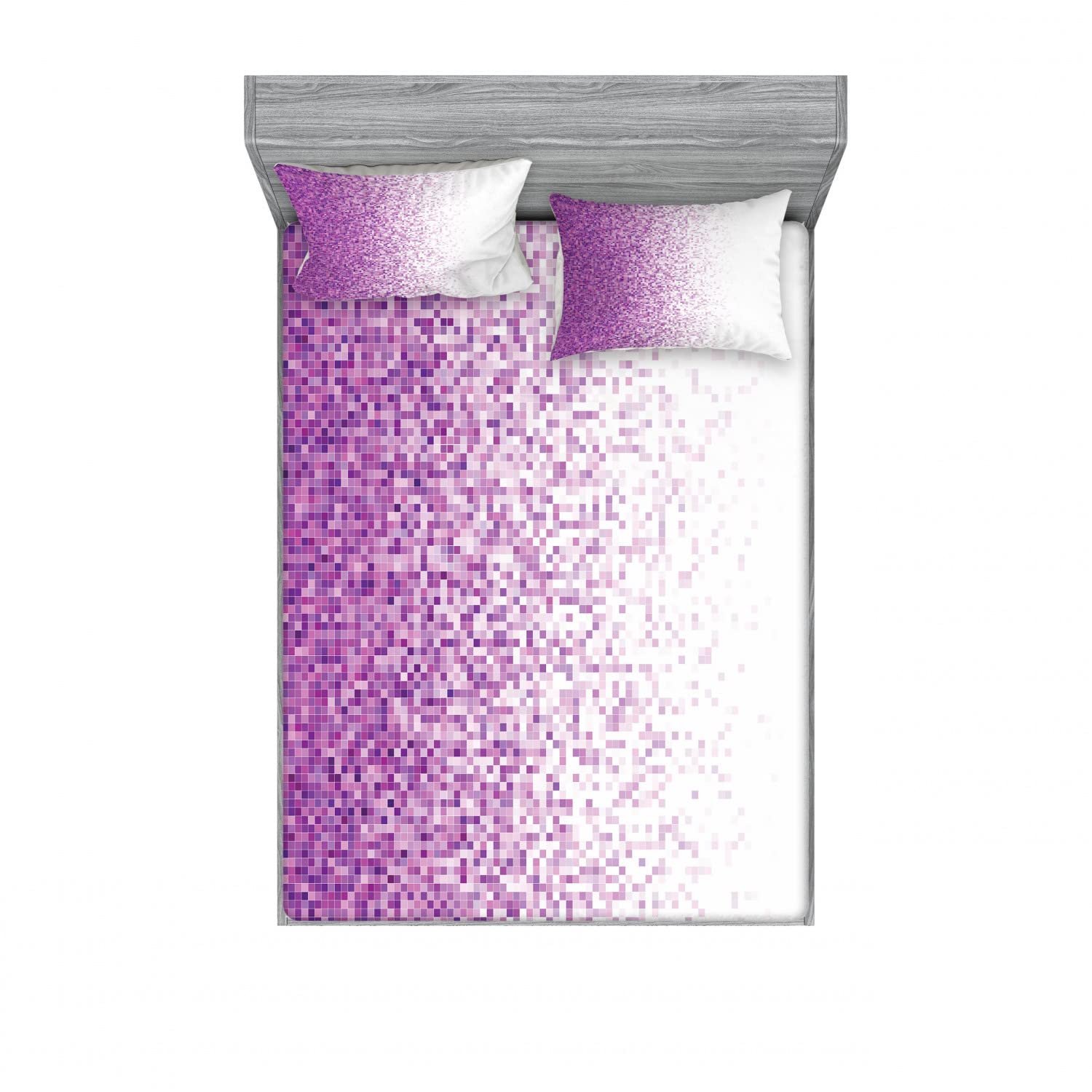 Ambesonne 2-Piece King Size Fitted Sheet Set with 4 Pillow Shams - Digital Mosaic Pattern in Purple & White | Luxury Bedding Collection for Master Bedroom, Guest Room & Vacation Homes