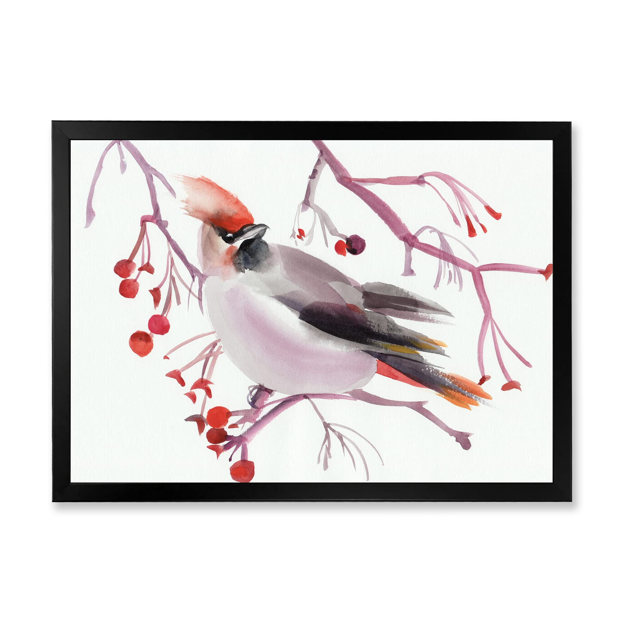 Waxwing Bird on Branch Framed Wall Art - Traditional Nature Home Decor for Living Room, Bedroom & Office