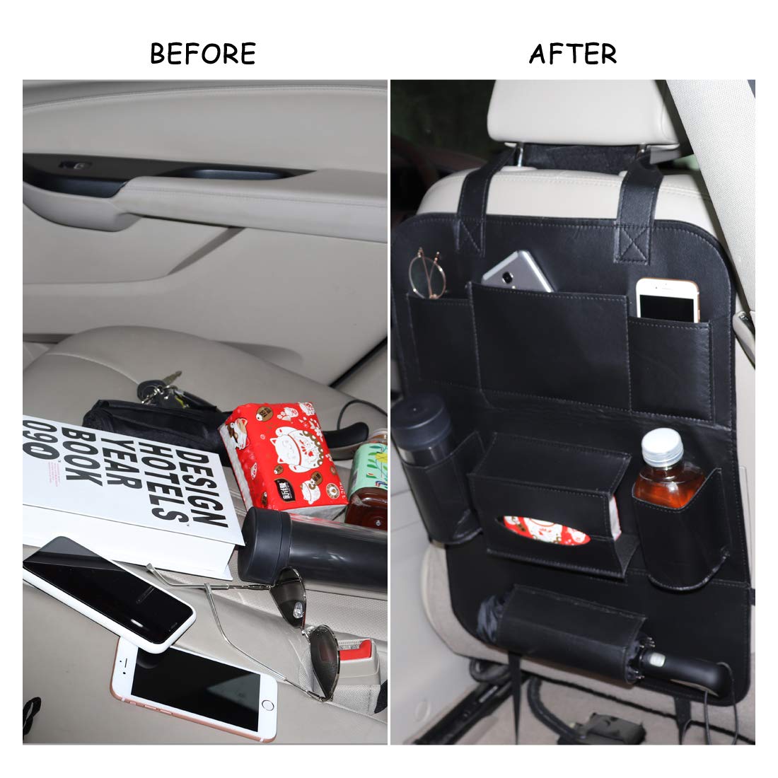 Premium PU Leather Car Seat Back Organizer with Tablet Holder - Universal Backseat Storage for Kids, Water Bottles, Toys & Tissue Box (Black, 2-Pack) - Perfect for Road Trips, Family Travel & Daily Commute